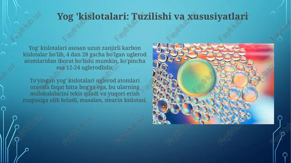 og' kislotalarining izomerlarini, masalan, cis va trans konfiguratsiyalarni ajratishda 95% gacha aniqlikka erishadi, bu esa boshqa usullar bilan qiyin. gaz xromatografiyasi kabi usullar 0.1% gacha bo'lgan miqdordagi kichik yog' kislota komponentlarini aniqlay oladi, bu esa tozalash jarayonini optimallashtirishga yordam beradi. yog 'kislotalarini tozalashda xromatografiyaning cheklovlari xromatografik usullar yuqori narxga ega, ayniqsa, sanoat miqyosida foydalanilganda, adsorbents va erituvchilarni ko'p miqdorda sarflash bilan bog'liq xarajatlar sezilarli. ba'zi yog 'kislotalari, ayniqsa, to'yinmagan birikmalar, xromatografik jarayonlarda degradatsiyaga uchrashi mumkin, bu esa mahsulot sifatini pasaytiradi va yo'qotishlarga olib keladi. misollar: yog 'kislotalarini xromatografik tozalashning amaliy ilovalari oziq-ovqat sanoatida omega-3 va omega-6 yog 'kislotalarini ajratish uchun xromatografik tozalash qo'llaniladi, masalan, baliq yog'idan epa va dha ajratib olish 95% gacha tozalikda amalga oshiriladi. farmatsevtika sohasida xromatografik usullar yordamida o'simlik moylaridan to'yinmagan yog 'kislotalari ajratiladi, ular dorivor moddalar sintezi uchun xom ashyo bo'lib, 98% tozalik darajasiga erishiladi. xulosa va kelajakdagi tendentsiyalar kelajakda superkritik suyuqlik xromatografiyasi (sfx) va yuqori …