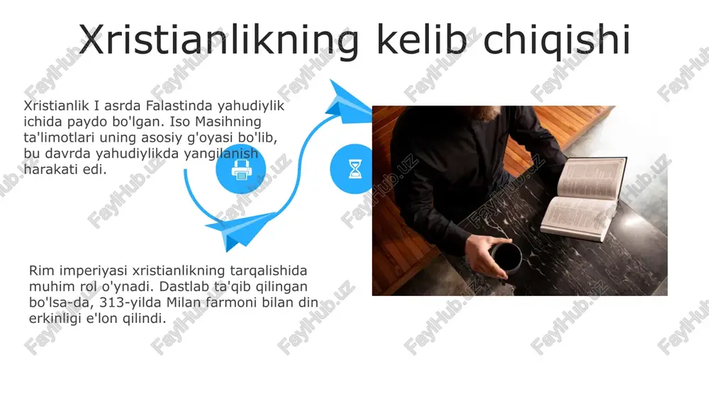 xristianlik san'atga, xususan, uyg'onish davrida juda katta ta'sir ko'rsatdi, bunda leonardo da vinchi va mikelandjelo kabi rassomlar injildagi sahnalarni 15-16-asrlarda yuksak mahorat bilan tasvirlashgan. xulosa xulosa shuni ko'rsatadiki, nasroniylik birinchi asrda iudeyada yahudiy sektasi sifatida paydo bo'lgan bo'lib, isoning ta'limotiga asoslangan. nasroniylikning asosiy g'oyalari - bu muqaddas uch birlik (ota, o'g'il va muqaddas ruh), isoning xudosiligi va insoniyatni gunohdan qutqarish uchun uning qurbonligi. e'tiboringiz uchun rahmat image6.jpg image7.jpg image8.jpg image9.jpg image10.jpg image11.jpg image12.jpg image13.jpg image14.jpg image15.jpg image16.jpg image17.jpg image18.jpg image19.jpg image20.jpg image21.jpg image22.jpg image1.jpeg image2.jpeg image3.jpeg image4.jpeg