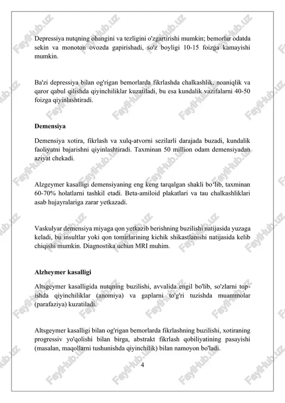 ladi; engil tmsda nozik kognitiv o'zgarishlar bo'lishi mumkin, og'irida esa chuqur buzilishlar bo'ladi. modda iste'mol qilish bilan bog'liq buzilishlar modda iste'mol qilish bilan bog'liq buzilishlar, masalan, opioidlar, miyaning mukofotlash tizimini o'zgartirib, 12 oy ichida qayta kasallanish xavfini oshiradi. stimulyatorlarni (kokain, amfetamin) surunkali iste'mol qilish nutqning tezlashishiga va fikrlash jarayonida 1-darajali buzilishlar, masalan, paranoiyaga olib kelishi mumkin. alkogolga bog'liqlikda wernicke-korsakoff sindromi kabi kasalliklar yuzaga keladi, bu esa xotira yo'qolishi va konfabulatsiyalar (10 dan 15% hollarda) bilan namoyon bo'ladi. autizm spektridagi buzilishlar (asd) asd bilan og'rigan bolalarning 25-30 foizi minimal verbal qobiliyatga ega, bu ularning kundalik hayotida muloqot qilishda sezilarli qiyinchiliklarga olib keladi. echolaliya, ya'ni so'zlarni yoki iboralarni takrorlash asdli bolalarda keng tarqalgan. bu ularning nutqidagi stereotiplikni oshiradi, taxminan 60-70% hollarda kuzatiladi. asdli shaxslar prosodika buzilishiga ega bo'lishi mumkin; bu ularning nutq toni, tezligi va ritmi odatiy emasligini anglatadi, 40% gacha hollarda namoyon bo'ladi. nutq buzilishlari (afaziya, dizartriya) afaziya - bu miyaning …