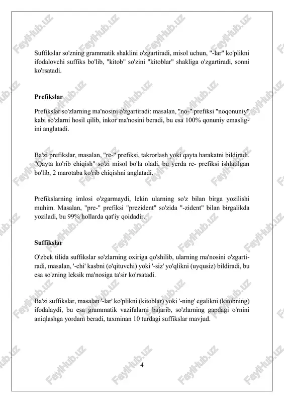 hilganda, 2 ta undosh harf ketma-ket kelib qolsa, ularning imlosi fonetik qonuniyatlarga mos ravishda oʻzgaradi. o'zbek tilida asos va affikslarning misollari o'zbek tilida 'kitob' so'zi asos bo'lib, unga '-lar' ko'plik affiksi qo'shilib, 'kitoblar' (kitoblar – books) so'zi hosil bo'ladi, bu yerda 2 ta morfem bor. ‘-chi’ affiksi ot yasovchi affiks boʻlib, ‘soat’ soʻziga qoʻshilib ‘soatchi’ (soatchi – watchmaker) soʻzini hosil qiladi, bunda asos va affiks birgalikda yangi ma’no yaratadi. ‘-siz’ affiksi inkor ma’nosini beruvchi affiks boʻlib, ‘uy’ soʻziga qoʻshilsa, ‘uysiz’ (uysiz – homeless) soʻzi hosil boʻladi, bunda 2 ta morfem inkorlikni anglatadi. imlo xatolarining oldini olish imlo xatolarining oldini olish uchun so'zlarning 90% dan ortig'i uchun aniq qoidalarni o'rganing va muntazam ravishda 15 daqiqalik imlo mashqlarini bajaring. so'z tarkibini tushunish, ya'ni o'zak, qo'shimchalar va prefikslarni ajratish orqali 85% hollarda imlo xatolarini minimallashtirishga erishish mumkin. o'zbek tilida 7 ta unli va 24 ta undosh harf borligini hisobga olib, har bir harfning …