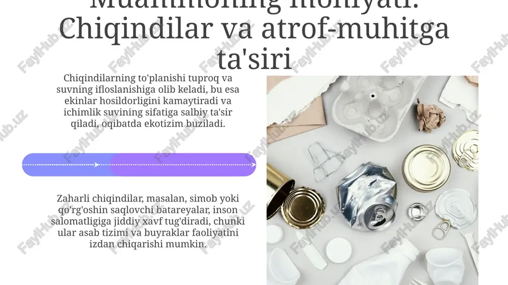 fratuzilmasi: yig'ish, saralash va qayta ishlash zavodlari saralash zavodlari turli xil materiallar oqimini ajratish uchun optik saralash kabi ilg'or texnologiyalardan foydalanadi, bu esa keyingi qayta ishlash uchun sifatli chiqindilarni kafolatlaydi. yig'ish bosqichi shaharsozlik yechimlari, masalan, 240 litr hajmdagi konteynerlar va maxsus transport vositalaridan foydalanadi, bu esa resurslarni maksimal darajada qayta ishlashga tayyorlaydi. qayta ishlash siyosati va qonunchiligi o'zbekiston respublikasining “chiqindilar to'g'risida”gi qonuni (2002-yil) chiqindilarni boshqarishning huquqiy asoslarini belgilaydi va qayta ishlashni rag'batlantirishga qaratilgan. 2019-yilda qabul qilingan “maishiy chiqindilar bilan bog'liq ishlarni tartibga solish to'g'risida”gi qonun qayta ishlashni kengaytirish maqsadida alohida yig'ish tizimlarini joriy etishni nazarda tutadi. xulosa: barqaror kelajak uchun qayta ishlash qayta ishlash resurslarni tejash, energiya sarfini kamaytirish va chiqindilarni kamaytirish orqali barqaror kelajak uchun muhim 3r (qayta ishlatish, kamaytirish, qayta ishlash) tamoyilini qo'llab-quvvatlaydi. 2050 yilga borib, global chiqindi hajmi 3.4 milliard tonnaga yetishi kutilmoqda. qayta ishlash bu o'sishni sekinlashtirish, resurslarni saqlash va ifloslanishni kamaytirishning asosiy strategiyasidir. e'tiboringiz uchun …