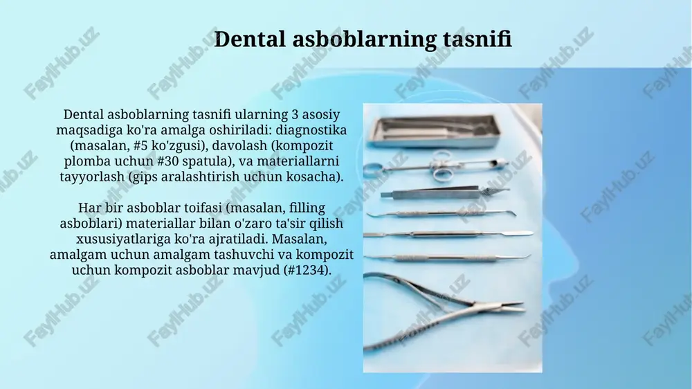 lashtirish spatulasi ko'pincha zanglamaydigan po'latdan yasalgan bo'lib, materiallarni, masalan, tsement yoki gipsni aralashtirish uchun ishlatiladi, ularning turli xil o'lchamlari mavjud - 8 sm dan 15 sm gacha. avtomatik aralashtirish moslamalari amalgam va shisha ionomer kabi materiallarni kapsulalarda aralashtirish uchun ishlatiladi, bu standart va bir xil aralashmani ta'minlaydi, odatda 4000 rpm tezlikda. spatulalar va aralashtirish plitalari spatulalar turli o'lcham va shakllarda bo'ladi, masalan, №7 spatula kompozit plomba materiallarini aralashtirish va joylashtirish uchun ishlatiladi. aralashtirish plitalari shisha yoki qog'ozdan yasalgan bo'lishi mumkin; shisha plitalar sement aralashtirishda optimal haroratni saqlashga yordam beradi. xulosa umuman olganda, dental asboblarning tasnifi stomatologik amaliyotning samaradorligi va aniqligini oshirish uchun 3 asosiy maqsadga qaratilgan, bu 100% natijaga erishishga yordam beradi. tish asboblarini tekshirish, plomba va aralashtirish uchun tasniflash klinikalarda aniq protseduralar ketma-ketligini ta'minlaydi, bu esa 95% hollarda yaxshi natija beradi. e'tiboringiz uchun rahmat image3.jpg image4.jpg image5.jpg image6.jpg image7.jpg image8.jpg image9.jpg image10.jpg image11.jpg image12.jpg image13.jpg image14.jpg image15.jpg image16.jpg image17.jpg …