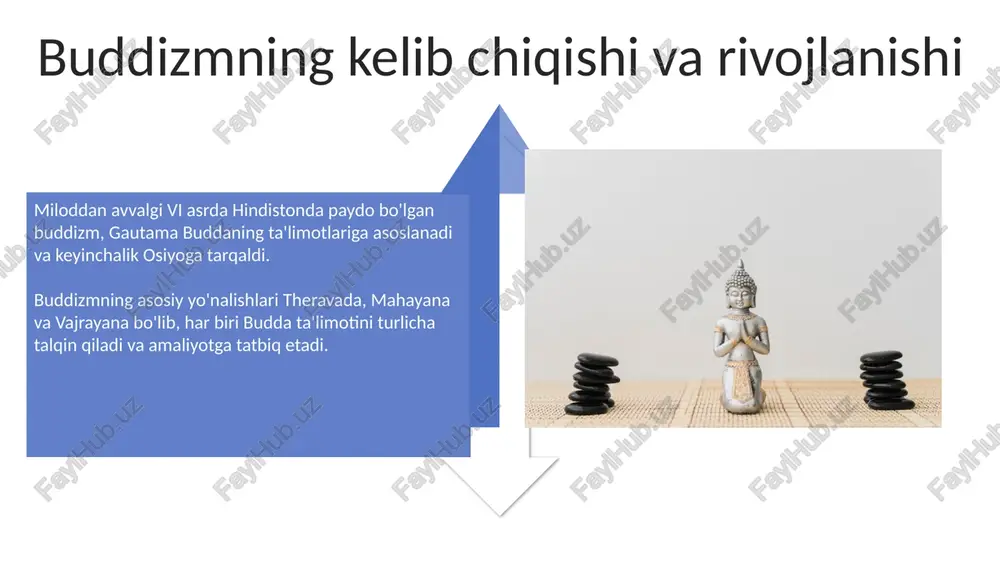 mumkin. buddhizmning o'zaro bog'liqlik tushunchasi atrof-muhitni muhofaza qilish harakatlarini ilhomlantirishi mumkin, bu esa barqarorlik loyihalarini 8 foizga oshiradi. xulosa xulosa buddizmning asosiy ta'limotlarini qisqacha takrorlaydi, masalan, to'rt noble haqiqat va sakkiz qirrali yo'l, bu ta'limotlar azobni yengish uchun xizmat qiladi. yakunida buddizmning mohiyatini ifodalovchi iboralar keltiriladi, bu iboralar nirvana holatiga erishish, karma qonunlari va qayta tug'ilish kabi tushunchalarni qamrab oladi. e'tiboringiz uchun rahmat image5.jpg image6.jpg image7.jpg image8.jpg image9.jpg image10.jpg image11.jpg image12.jpg image13.jpg image14.jpg image15.jpg image16.jpg image17.jpg image18.jpg image4.png image19.jpg image20.jpg image21.jpg image1.jpeg image2.jpeg