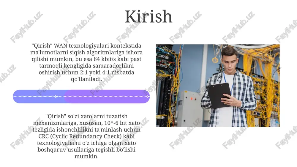 uchun muhimdir. latency (kechikish) 5 ms dan kam bo'lgan muhim dasturlar uchun, ma'lumotlarni uzatish tezligiga ta'sir qiluvchi jitter (tebranish) darajasini baholash, tanlashda asosiy mezon bo'ladi. xulosa mpls va sd-wan kabi texnologiyalar, ma'lumotlarni 99.999% kafolatli va kam kechikish bilan uzatishga imkon beradi, bu esa 5g va undan keyingi tarmoqlar uchun muhim ahamiyatga ega. xulosa shuni ko'rsatadiki, 10 gigabit ethernet kabi texnologiyalar keng tarqalgan, 400g va hatto 800g optik aloqa standartlari kelajakda ustunlik qilishi mumkin. e'tiboringiz uchun rahmat image5.jpg image6.jpg image7.jpg image8.jpg image9.jpg image10.jpg image11.jpg image12.jpg image13.jpg image14.jpg image15.jpg image16.jpg image17.jpg image18.jpg image19.jpg image1.jpeg image2.jpeg image3.jpeg
