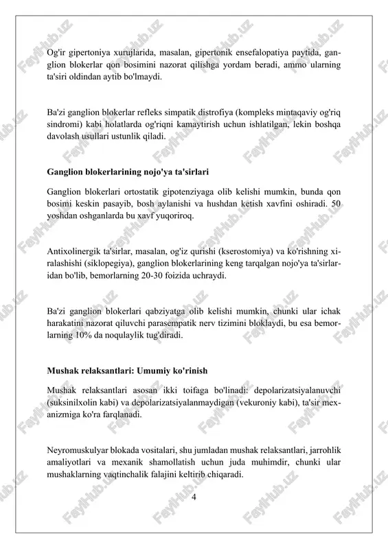 gik ta'siri mushak relaksantlari nikotin retseptorlarini bloklaydi, bu esa natriy ionlarining kirishini to'xtatadi va shu bilan postsinaptik membranalarning depolarizatsiyasini oldini oladi, mushaklarning falajlanishiga olib keladi. depolarizatsiya qiluvchi mushak relaksantlari (masalan, suksinilxolin) dastlab retseptorni faollashtiradi, ammo tezda desensitizatsiya paydo bo'ladi, bu esa doimiy depolarizatsiyaga va mushaklarning bloklanishiga olib keladi. nodepolarizatsiya qiluvchi mushak relaksantlari (misol uchun, vekuronium) asetilxolin bilan raqobatlashadi, retseptorga bog'lanadi, lekin uni faollashtirmaydi, bu esa nerv-mushak o'tkazuvchanligini bloklaydi va mushaklarning bo'shashishiga olib keladi. mushak relaksantlarining klinik qo'llanilishi mushak relaksantlari operatsiya davomida mushaklarning bo'shashishini ta'minlaydi, bu jarrohga optimal kirish imkoniyatini beradi va nafas olishni nazorat qilishni osonlashtiradi. traxeya intubatsiyasi uchun suksinilxolin kabi depolyarizatsiya qiluvchi vositalar tez ta'sir qiladi, bu esa favqulodda vaziyatlarda havo yo'llarini tezda ta'minlash uchun juda muhimdir. nondepolyarizatsiya qiluvchi vositalar, masalan, atrakuriy, og'riqni kamaytirishga yordam beradi, shuningdek, jarrohlik amaliyotlarida mushaklarning spazmini nazorat qilishga yordam beradi. mushak relaksantlarining nojo'ya ta'sirlari va qarshi ko'rsatmalari mushak relaksantlari bradikardiya (60 zarbadan kam) va …