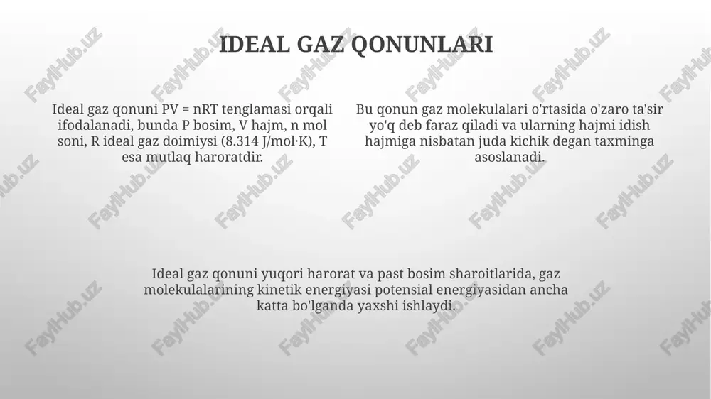 larining rivojlanishi bilan tezlashdi. bu davrda, ayniqsa, uglerod va vodorodning yonish reaksiyalari keng o'rganildi. yonish jarayonida zanjirli reaksiyalar muhim rol o'ynaydi. masalan, vodorodning kislorod bilan yonishi ho2* radikallari orqali 2 dan 3 bosqichda amalga oshiriladi. gazlarni tahlil qilish usullari gaz xromatografiyasi, gaz aralashmalarini ajratish uchun 0.1-5 mikronlik nozik kapillyar ustunlardan foydalanadi, har bir komponent o'z detektoridan signal hosil qiladi va tahlil imkonini beradi. mass-spektrometriya molekulyar og'irlik va tuzilishni aniqlash uchun ionlashtirilgan gaz molekulalarini magnit maydonda ajratadi, 1 amu gacha aniqlikda elementar tarkibni aniqlash imkoniyatini beradi. infraqizil spektroskopiya (ir) gaz molekulalarining infraqizil nurlanishni yutishini o'lchaydi, 400-4000 sm⁻¹ diapazonda tebranish chastotalari orqali funktsional guruhlarni aniqlashga yordam beradi. sanoatda gazlar sanoatda gazlar ammoniyak sintezi kabi muhim jarayonlarda ishlatiladi, bunda azot (n2) va vodorod (h2) 1:3 nisbatda yuqori bosim ostida reaksiyaga kirishadi. metan (ch4) tabiiy gazning asosiy tarkibiy qismi bo'lib, energiya ishlab chiqarish, isitish va turli xil kimyoviy moddalarni, masalan, metanolni sintez qilish uchun …