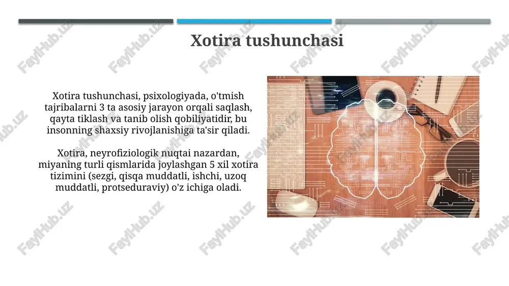kinson-shiffrin modeli xotirani uchta alohida omborga ajratadi: sezgi xotirasi (0,5-2 soniya), qisqa muddatli xotira (30 soniyagacha) va uzoq muddatli xotira (cheksiz muddat). model qisqa muddatli xotirani 'ishchi xotira' sifatida ta'riflaydi, bu erda ma'lumot faol ravishda qayta ishlanadi va uzoq muddatli xotiraga kodlanadi. takrorlash muhim rol o'ynaydi. uning xotira haqidagi unutish nazariyasi uning xotira haqidagi unutish nazariyasi, 1924-yilda nashr etilgan, iz qoldirish vaqt o'tishi bilan susayishini ta'kidlaydi, bu esa xotiraning yo'qolishiga olib keladi. ushbu nazariya, asosan, xotira izlari asta-sekin degradatsiyaga uchrashini, bu esa 7 dan 9 ta elementni qisqa muddatli xotiradan uzoq muddatli xotiraga o'tkazishga to'sqinlik qilishini tushuntiradi. e'tiboringiz uchun rahmat image2.jpg image3.jpg image4.jpg image5.jpg image6.jpg image7.jpg image8.jpg image9.jpg image10.jpg image11.jpg image12.jpg image13.jpg image14.jpg image15.jpg image16.jpg image17.jpg image18.jpg