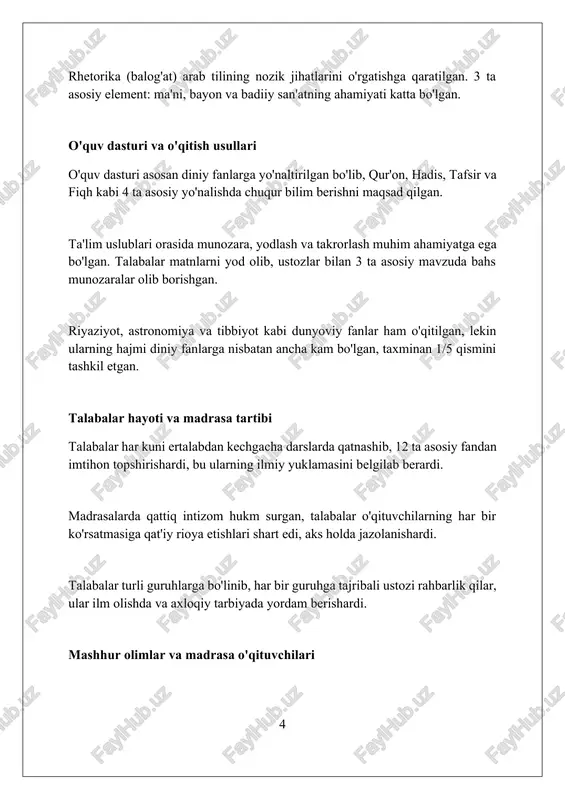 oplangan ichki qismi bilan ajralib turadi, bu esa 10 yildan ortiq vaqtni oldi. buxoro madrasalari: ilmiy meros buxoro madrasalari matematika, astronomiya kabi aniq fanlar boʻyicha koʻplab qoʻlyozma asarlarni yaratdi, ularning aksariyati xv-xvi asrlarga oid boʻlib, ilmiy merosning muhim qismini tashkil etadi. buxoro madrasalarida hadis ilmi keng rivojlanib, imom al-buxoriyning 'sahih al-buxoriy' asari asosiy manba sifatida oʻrganildi, shu orqali islom huquqi (fiqh) boʻyicha chuqur bilim berildi. buxoro madrasalarida nizomiy ganjaviyning 'xamsa'si va alisher navoiyning turkiy devonlari adabiyotshunoslikning asosiy yoʻnalishlari boʻlib, xv asrda she’riyatning rivojiga katta ta’sir koʻrsatdi. g'arbiy va sharqiy madrasalarning o'zaro ta'siri g'arbiy madrasalar, ayniqsa nizomiya kabi 11-asr muassasalari, sharqiy madrasalarga islom huquqi va fiqh ilmining chuqur o'rganilishini singdirdi. sharqiy madrasalarning astronomiya va matematikaga oid ilmiy merosi, ayniqsa ulug'bek madrasasi orqali, g'arbiy madrasalarda tabiatshunoslik fanlarining rivojlanishiga turtki bo'ldi. o'zaro ta'sir natijasida, 15-asrda samarqand madrasalarida falsafa va mantiq ilmi g'arb va sharq uslublarining sintezini namoyon etdi. madrasa ta'limining merosi va ahamiyati …