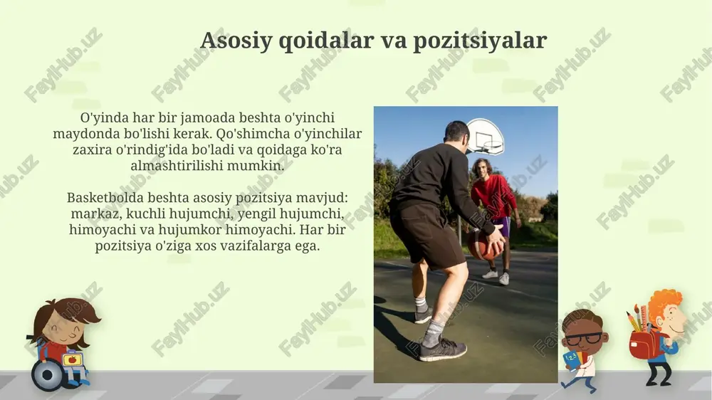 ssni kamaytiradi va optimal harakat qilishga undaydi. psixologik tayyorgarlikda diqqatni jamlash muhim, masalan, o'yinning 95%ida fokusni saqlab qolish orqali aniq vazifalarni bajarishga va maqsadlarga erishishga yordam beradi. xulosa yakuniy xulosada jamoaning o'yin davomidagi 48 daqiqalik harakatlaridan kelib chiqib, 3 ochkolik urinishlar muvaffaqiyati va ribaundlar soni kabi statistik ko'rsatkichlar tahlil qilinadi. xulosada himoya strategiyasining samaradorligi, raqibning kuchli tomonlarini cheklash va kamchiliklaridan foydalanish darajasi, shuningdek, jamoaviy ishlash 5 ta asosiy o'yinchi orqali baholanadi. e'tiboringiz uchun rahmat image7.jpg image8.jpg image9.jpg image10.jpg image11.jpg image12.jpg image13.jpg image14.jpg image15.jpg image16.jpg image17.jpg image18.jpg image19.jpg image20.jpg image21.jpg image22.jpg image23.jpg image5.png
