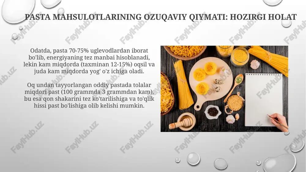 shiroq saqlaydi, namlik miqdorini 10% dan kamaytiradi va ferment faolligini pasaytiradi. iste'molchilarni o'qitish va marketing iste'molchilarni 5-7 ta tezkor faktlar bilan o'rgatish, masalan, to'liq donli makaronning oq makaronga nisbatan 3 barobar ko'proq tola ekanligini ta'kidlash mahsulotlarni qadrlashga yordam beradi. marketing kampaniyalari makaronning ovqat porsiyasiga 200-300 mg omega-3 kislotalarini kiritish kabi qo'shimcha oziq moddalar bilan boyitilishini ochiq ko'rsatishi kerak, shunda iste'molchilar xabardor bo'lishadi. xulosa xulosa shuni ko'rsatadiki, 30% dukkakli un qo'shilgan makaron mahsulotlari oqsil miqdorini sezilarli darajada oshiradi, bu esa ovqatlanish qiymatini yaxshilaydi. tadqiqotlar shuni tasdiqlaydiki, tarkibida 15 mg/kg temir bo'lgan boyitilgan makaron kamqonlikning oldini olishga yordam beradi, ayniqsa temir tanqisligi bo'lgan guruhlarda. e'tiboringiz uchun rahmat image2.png image5.jpg image6.jpg image7.jpg image8.jpg image9.jpg image10.jpg image11.jpg image12.jpg image13.jpg image14.jpg image15.jpg image16.jpg image17.jpg image18.jpg image19.jpg image20.jpg image21.jpg image3.png