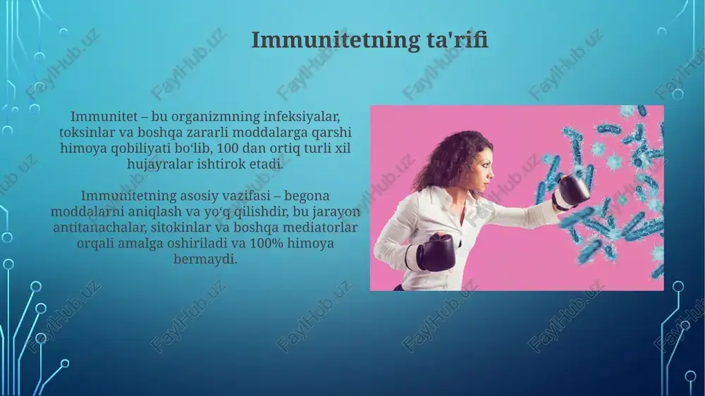 'qimalariga hujum qilishi natijasida kelib chiqadi, bu 80 dan ortiq turli xil holatlarni o'z ichiga oladi. 1-toifa qandli diabet kabi autoimmun kasalliklarda, immunitet tizimi me'da osti bezidagi insulin ishlab chiqaruvchi beta hujayralarini yo'q qiladi, natijada qonda glyukoza darajasi oshadi. immunitetning roli immunitet tanani zararli antijenlarga qarshi himoya qiladi, bu o'z ichiga bakteriyalar, viruslar va zaharli moddalarni oladi. u kasalliklarga chidamlilikni ta'minlashda muhim 1-bosqich rol o'ynaydi. immunitetning vazifasi 2 xil yo'nalishda: birinchidan, organizmni begona elementlardan tozalash, ikkinchidan, immun hujayralari yordamida hujayralarni tuzatish jarayonlarini faollashtirishdir. xulosa xulosa, immunitet tadqiqoti kelajagi uchun muhim ahamiyatga ega, chunki sintetik biologiya yordamida yangi vaksinatsiya texnologiyalari ishlab chiqilishi mumkin, natijada 100% samaradorlikka erishiladi. tabiiy va sun'iy immunitet o'rtasidagi farqlar keyingi avlod vaktsinalarining asosi bo'lib xizmat qilishi mumkin, ularning ta'sirchanligini 80% dan oshirishga erishiladi. e'tiboringiz uchun rahmat image4.jpg image5.jpg image6.jpg image7.jpg image8.jpg image9.jpg image10.jpg image11.jpg image12.jpg image13.jpg image14.jpg image15.jpg image16.jpg image17.jpg image18.jpg image19.jpg image20.jpg image1.png