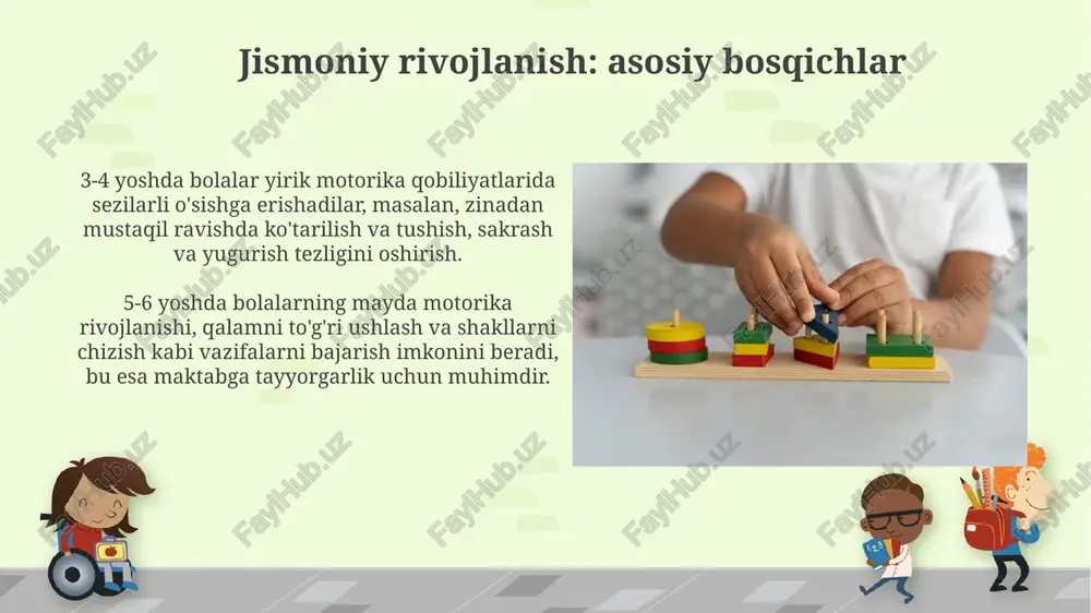 b bolalarda muammolarni hal qilish qobiliyatini shakllantirishga qaratilgan. rivojlanishdagi muammolarni aniqlash va bartaraf etish 3-5 yoshdagi bolalarda nutqning rivojlanishida muammolar (masalan, 20 so'zdan kam iboralar) logopedik mashqlar orqali aniqlanadi va tuzatiladi. ijtimoiy-emotsional qiyinchiliklarni bartaraf etish uchun 4 yoshdan boshlab bolalarda o'yin terapiyasi va 15 daqiqalik guruh mashg'ulotlari samarali bo'lishi mumkin. e'tiboringiz uchun rahmat image6.png image7.jpg image8.jpg image9.jpg image10.jpg image11.jpg image12.jpg image13.jpg image14.jpg image15.jpg image16.jpg image17.jpg image18.jpg image19.jpg image20.jpg image21.jpg image5.png