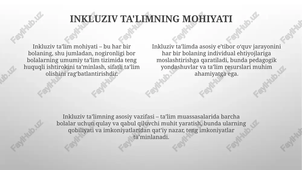 a'limdagi muammolar va ularni hal qilish yo'llari jamiyatning 30% inkluziv ta'limga noto'g'ri qarashda; bu stigmatizatsiya o'quvchilarni ijtimoiy moslashuvida qiyinchiliklar tug'diradi, bunga qarshi kurash zarur. inkluziv ta'limdagi muammolar orasida o'qituvchilarning 25% tegishli malakaga ega emasligi va individual o'quv rejalari (iop)ni ishlab chiqishdagi qiyinchiliklar bor. infratuzilma moslashuvi muhim: binolarning 40% nogironligi bo'lgan bolalar uchun mos emas va resurs markazlarining etishmasligi ta'lim sifatiga ta'sir qiladi. inkluziv ta'limning kelajagi kelajakda, inkluziv ta'lim 2030 yilgacha texnologik yechimlar, masalan, ai yordamida moslashuvchan ta'lim dasturlarini yaratishga e'tibor qaratadi, bu esa 85% o'quvchilarning ehtiyojlarini qondiradi. inklyuziv ta'limda 2025 yilga borib o'qituvchilarni qo'llab-quvvatlash maqsadida resurs markazlari 60% ga ko'payadi, shu bilan birga maxsus pedagogika bo'yicha malaka oshirish dasturlari kengaytiriladi. 2040 yilga kelib inkluziv ta'lim tizimi 90% o'quvchilarni qamrab olishi kutilmoqda, bunda mahalliy hamjamiyatlar bilan hamkorlik kuchaytirilib, nogironligi bo'lgan bolalarga ko'proq imkoniyatlar yaratiladi. e'tiboringiz uchun rahmat image1.png image2.png