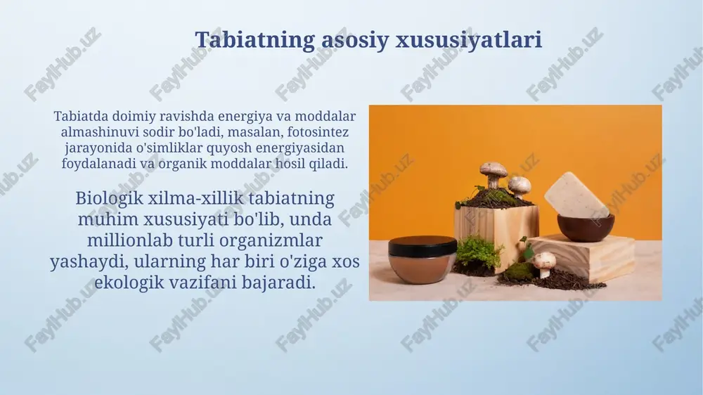 uchun saqlanib qoladi, bu barqaror rivojlanish uchun kritik ahamiyatga ega. ekosistemalarning 75% dan ziyodi inson faoliyati tufayli buzilgan, shuning uchun muhofaza qilish biologik xilma-xillikni tiklashda muhim rol o'ynaydi. ekologik muammolar ekologik muammolar, masalan, ifloslanish, biom xilma-xillikning yo'qolishi va o'rmonlarning kesilishi, global miqyosda 20-asrning oxiridan boshlab katta tashvish uyg'otmoqda. atrof-muhitning degradatsiyasi oqibatida 100 dan ortiq kasalliklar tarqalishi mumkin, bu global sog'liqni saqlash uchun xavf tug'diradi va iqtisodiy rivojlanishga to'sqinlik qiladi. xulosa va kelajakdagi vazifalar xulosa shuni ko'rsatadiki, ekotizimlar 70% buzilgan, kelajakda 30% tiklash, monitoring orqali barqaror boshqarish vazifasi turibdi. kelajakda biosferani 50% muhofaza qilish, 2030 yilgacha resurslardan foydalanishni 40% kamaytirish, chiqindilarni qayta ishlash texnologiyalarini joriy qilish muhim. e'tiboringiz uchun rahmat image4.png image5.png image6.jpg image7.jpg image8.jpg image9.jpg image10.jpg image11.jpg image12.jpg image13.jpg image14.jpg image15.jpg image16.jpg image17.jpg image18.jpg image19.jpg image20.jpg image21.jpg image22.jpg image3.jpeg