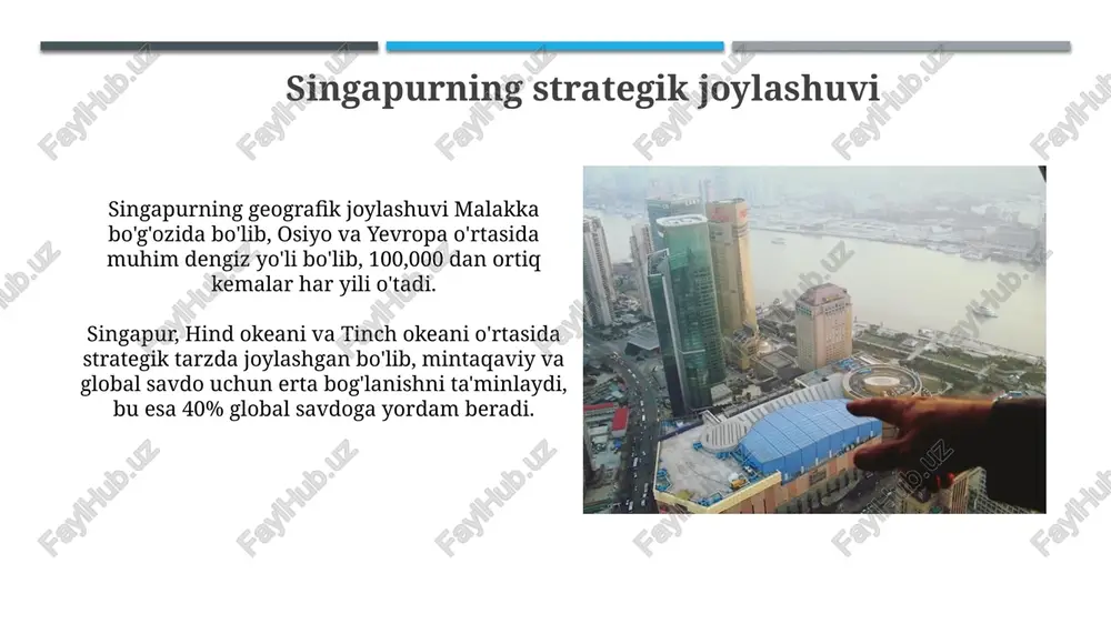 ingapur geografik afzalliklari va strategik investitsiyalar tufayli 130 dan ortiq mamlakat bilan bog'langan muhim markazga aylandi. tahlil shuni tasdiqlaydiki, singapurning 2030-yilgacha infratuzilmaga 30 milliard dollardan ortiq sarmoya kiritishi uning logistika samaradorligini sezilarli darajada oshiradi. e'tiboringiz uchun rahmat image1.png image2.jpg image3.jpg image4.jpg image5.jpg image6.jpg image7.jpg image8.jpg image9.jpg image10.jpg image11.jpg image12.jpg image13.jpg image14.jpg image15.jpg image16.jpg
