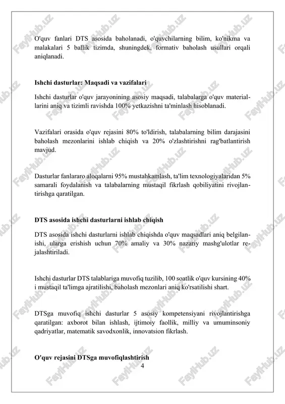 tandartlarini implementatsiya qilish orqali innovatsion yondashuvlarni rivojlantirishni maqsad qiladi. kelajakda dtsni takomillashtirish talabalarning 7 asosiy kompetensiyasini, jumladan, tanqidiy fikrlashni rivojlantirish uchun interfaol metodlarni keng joriy etishga yo'naltirilgan. mavzularni dtsga muvofiq rejalashtirish o'quv mavzularini dtsga muvofiq rejalashtirishda, har bir mavzuning maqsadlari dtsda belgilangan kompetensiyalarga (masalan, 1.1, 2.3) erishishga qaratilgan bo'lishi kerak. mavzularni rejalashtirishda dtsda ko'rsatilgan baholash mezonlariga (summative, formative) asoslanib, o'quvchilarning bilim darajasini aniqlash uchun aniq ko'rsatkichlar ishlab chiqiladi. dts talablariga muvofiq rejalashtirilgan mavzular, o'quv soatlarining taqsimotini (masalan, nazariy - 20 soat, amaliy - 10 soat) aniq belgilab, o'quv jarayonini maqsadli tashkil etishga yordam beradi. ishchi dasturni baholash va monitoring qilish ishchi dasturni baholashda 90 foizlik muvaffaqiyat ko'rsatkichi, o'quv materiallarining dtsga mosligini va o'quvchilarning o'zlashtirish darajasini aniqlaydi. monitoring jarayonida, 2 hafta ichida aniqlangan kamchiliklar tuzatilib, ishchi dasturga 15 foizgacha o'zgartirishlar kiritilishi mumkin. baholash mezonlariga 3 asosiy yo'nalish kiradi: dtsga moslik, o'qitish metodikasining samaradorligi va o'quvchilarning 75 foizidan yuqori natijasi. savol-javoblar va …