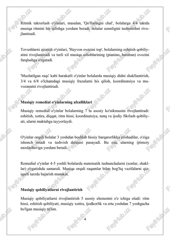 l etiladi, unda ritmik harakatlar, qo'shiq aytish va oddiy cholg'u asboblarida ijro etiladi. bolalar musiqa ritmini his qilish qobiliyatini rivojlantirish uchun 4/4 va 3/4 takt o'lchamlarida 8 ta turli xil mashqlar qo'llaniladi. o'yinlarni tanlash mezonlari o'yinning 70% dan ortiq bolalarga tushunarli va qiziqarli bo'lishi, ularning yosh xususiyatlariga mos kelishi va kognitiv rivojlanishiga 3-5 yosh oralig'ida yordam berishi kerak. o'yinning 2-4 ta asosiy qoidasi bo'lishi lozim, ularni bolalar tezda o'zlashtirib olishlari kerak. o'yin davomiyligi 10-15 daqiqadan oshmasligi maqsadga muvofiq. o'yinning pedagogik maqsadga muvofiq bo'lishi, masalan, nutqni rivojlantirish uchun 5 xildagi tovushni aniqlash yoki 8 xildagi rangni ajratish kabi aniq vazifalarni o'z ichiga olishi zarur. o'yinlarni o'tkazish bosqichlari o'yinlarni o'tkazishning **1-bosqichi** - tayyorgarlik. bu bosqichda, o'yinning maqsadi, qoidalari va kerakli materiallar **3-5 kun** oldin aniqlanadi va bolalarga tushuntiriladi. o'yinning **2-bosqichi** - asosiy qism. bu bosqichda bolalar o'yin qoidalariga rioya qilgan holda faol ishtirok etadilar. o'yin davomiyligi **10-15 daqiqa** atrofida bo'lishi mumkin. o'yinlarni …