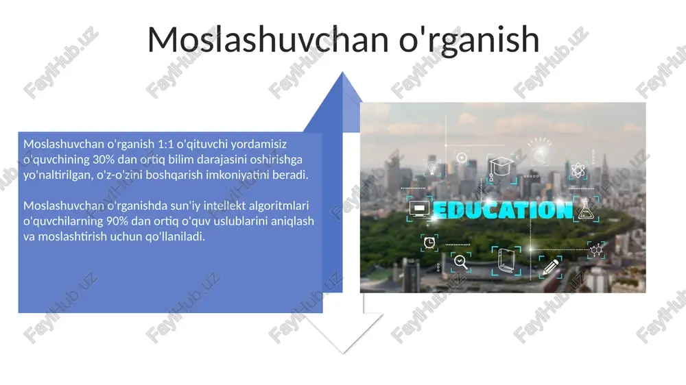 bi imkoniyatlar yaratilmoqda. o'qituvchilarning roli o'zgarishi o'qituvchilar endi faqat ma'lumot yetkazuvchi emas, balki talabalarga moslashtirilgan ta'lim yo'nalishlarini tuzuvchi mentor bo'lib, 70% ko'proq individual yondashuvni ta'minlaydi. o'qituvchilar onlayn muhitda texnologiyalarni (masalan, ai, vr) integratsiya qilish orqali didaktik materiallar yaratadi va talabalar jalb qilinishini 65%ga oshiradi. xulosa xulosa shuni ko'rsatadiki, e-learningda moslashuvchanlik, sun'iy intellekt va immersiv texnologiyalar kabi uchta asosiy tendentsiya 2024-yilda ta'lim usullarini qayta shakllantiradi. e-learningdagi asosiy tendentsiyalarning xulosasi shundan iboratki, mobil o'rganishning o'sishi 75% gacha ko'paydi va video-kontent esa 60% gacha ommalashdi, bu o'quvchilarga moslashuvchanlik beradi. e'tiboringiz uchun rahmat image3.png image5.jpg image6.jpg image7.jpg image8.jpg image9.jpg image10.jpg image11.jpg image12.jpg image13.jpg image14.jpg image15.jpg image16.jpg image17.jpg image4.png image18.jpg image19.jpg image20.jpg image1.jpeg image2.jpeg