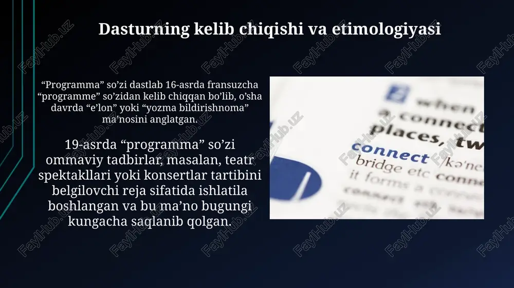 kompyuter tomonidan bajariladigan buyruqlar ketma-ketligini anglatadi, masalan, 10-20 ta algoritmik qadamlar bilan. bugungi kunda, dastur - bu nafaqat kod, balki ma'lumotlar, 0 va 1lar bilan ifodalangan resurslar va bajariladigan 3-avlod tillarining to'plamidir. xulosa xulosa - bu tadqiqotning yakuniy qismidir, unda olingan 5-7 ta asosiy natijalar, xulosalar va kelajakdagi 2-3 ta istiqbolli yo'nalishlar qisqacha bayon etiladi. xulosada 3 dan ortiq dalil keltirmaslik, balki tadqiqot davomida tasdiqlangan farazlar va 80-90% ishonch bilan erishilgan natijalar haqida yozish lozim. e'tiboringiz uchun rahmat image1.png image2.jpg image3.jpg image4.jpg image5.jpg image6.jpg image7.jpg image8.jpg image9.jpg image10.jpg image11.jpg image12.jpg image13.jpg image14.jpg image15.jpg image16.jpg image17.jpg