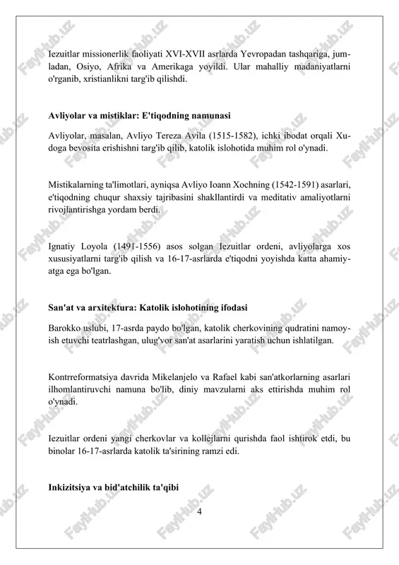dorligi va marosimlari ko'pincha mahalliy urf-odatlar bilan aralashgan, masalan, muqaddas avliyolarga sig'inish va uzoq ziyoratlar keng tarqalgan. roza tutish, ibodat qilish va sadaqa berish kabi diniy marosimlar kundalik hayotning muhim qismi bo'lib, jamiyatning ijtimoiy tuzilishida muhim rol o'ynagan. ruhoniylar xalq dindorligida katta ta'sirga ega bo'lib, 7 ta sakramentni o'tkazish va diniy ta'limotni targ'ib qilish orqali xalqni ma'naviy jihatdan yo'naltirib turgan. cherkovning moliyaviy ahvoli va homiylik xvi-xvii asrlarda cherkov yer egaligi kengayib, qishloqlardan olinadigan o'ndan bir ulush soliqlari (o'ndan bir qismi) moliyaviy ahvolni yaxshilashda katta rol o'ynadi. cherkov san'at va arxitektura homiyligida muhim rol o'ynadi, papa va boy kardinallar mikelanjelo kabi rassomlarga katta mablag'lar sarflab, ulug'vor bazilikalar qurdirishdi. indulgensiyalarni sotish, xususan 1517-yilgi martin lyuterning noroziligiga sabab bo'lgan, cherkov daromadlarini oshirishning bahsli usuli bo'lib, tanqidga uchradi. mustamlakachilik va xristianlashtirish ispaniya va portugaliya kabi davlatlar o'z mustamlakalarida 16-17-asrlarda xristianlikni keng tarqatish uchun kuch ishlatish va iqtisodiy imtiyozlardan foydalangan, bu esa mahalliy dinlarning yo'qolishiga …