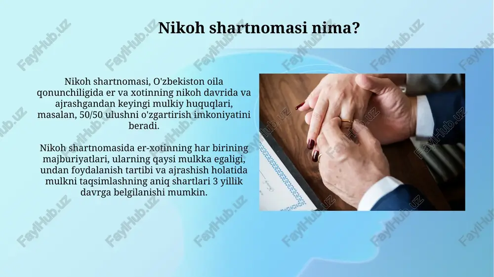 sosan, er-xotin mulkni taqsimlash bo'yicha kelishuvga erisha olmagan taqdirda, sud mulkni 50/50 nisbatda taqsimlash tamoyilidan chetga chiqishi mumkin, alohida holatlarda. tavsiyalar "tavsiyalar" turmush o'rtoqlarning mulkiy munosabatlarida nikoh shartnomasini tuzishda muhim ahamiyatga ega, ayniqsa 40 yoshdan oshgan er-xotinlar uchun moliyaviy rejalashtirishda. "tavsiyalar" nikohdan oldingi mol-mulk va nikoh davomida orttirilgan mol-mulkni adolatli taqsimlash bo'yicha aniq ko'rsatmalar beradi, bu esa 50/50 bo'linish yoki boshqa kelishuvlarni o'z ichiga olishi mumkin. xulosa xulosa boʻlimida er-xotin oʻrtasidagi mulkiy kelishuvning 3 ta asosiy jihati ta'kidlanadi: erkinlik, adolat, 50/50 qoidasi, bu nikoh shartnomasi orqali erishish mumkin. nikoh shartnomasi 2024-yilgi qonunchilikka muvofiq tuzilsa, mulkiy munosabatlar er-xotinning individual ehtiyojlariga moslashadi, masalan, biznes aktivlarini himoya qilish. e'tiboringiz uchun rahmat image3.jpg image4.jpg image5.jpg image6.jpg image7.jpg image8.jpg image9.jpg image10.jpg image11.jpg image12.jpg image13.jpg image14.jpg image15.jpg image16.jpg image17.jpg image18.jpg image19.jpg image1.png