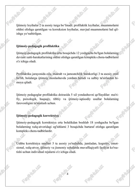 ng erta ijtimoiy moslashuviga ko‘maklashadi, 0 yoshdan 18 yoshgacha bo‘lgan bolalarga qaratilgan preventiv choralar bilan. ushbu ta’lim usuli shaxsning ijtimoiy rivojlanishidagi muammolarni aniqlash va hal qilish uchun pedagogik va psixologik yondashuvlarni 10 ta asosiy yo‘nalishda birlashtiradi. ijtimoiy-pedagogik ta’limda oila, maktab va mahalliy jamoa o‘rtasida 3 tomonlama hamkorlik muhim ahamiyatga ega, bu yosh avlodning tarbiyasiga ta’sir qiladi. ijtimoiy-pedagogik targ'ibot ijtimoiy-pedagogik targ'ibot – bu jamiyatning ijtimoiy muammolariga e'tiborni qaratish uchun 1 yoki undan ortiq maqsadli guruhlarga yo'naltirilgan tizimli ta'sir choralari. ushbu targ'ibotning vazifasi aholining huquqiy ongi va madaniyatini oshirish, ayniqsa, 16 yoshdan 25 yoshgacha bo'lgan yoshlar orasida profilaktika ishlarini kuchaytirishdan iborat. ijtimoiy-pedagogik targ'ibotda ta'lim muassasalari, mahallalar va nntlar hamkorlikda ishlashi muhim. ularning asosiy maqsadi 6 yoshdan 15 yoshgacha bo'lgan bolalarning ijtimoiy moslashuvini qo'llab-quvvatlashdir. ijtimoiy-pedagogik monitoring ijtimoiy-pedagogik monitoring bolalar huquqlarini himoya qilishda muhim ahamiyatga ega, ayniqsa 16 yoshgacha boʻlgan oʻsmirlar orasida huquqbuzarliklar sonini kamaytirishga qaratilgan. ushbu monitoring jarayoni ijtimoiy pedagoglar tomonidan 3 bosqichda …