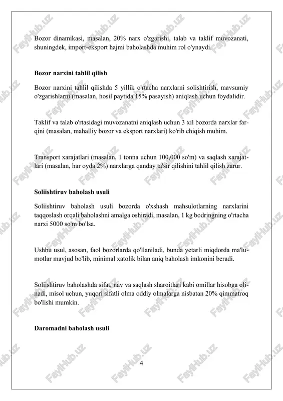 amuna baholash holatlari «namuna baholash holatlari» qishloq xoʻjaligi mahsulotlarining sifatini aniqlash uchun qoʻllaniladi, bunda 10-20 ta birlik mahsulot tasodifiy tanlab olinib, standartlar boʻyicha baholanadi. ushbu baholash usuli, odatda, 500 kg dan ortiq boʻlgan partiyalarda qoʻllaniladi va har bir namuna oʻlchami partiya hajmining 1-2 foizini tashkil etadi, bunda buzilishlar aniqlanadi. namuna baholash jarayonida, agar 5% dan ortiq nuqsonlar aniqlansa, partiya sifatsiz deb baholanadi va qabul qilinmaydi, yoki narxi sezilarli darajada kamaytiriladi. xulosalar xulosalar mahsulot sifati va bozor narxini baholashda muhim, masalan, 1-toifa mevalarning 2-toifaga nisbatan qiymatini aniqlashda ishlatiladi. ular saqlash sharoitlari (harorat, namlik) ta'sirini baholashda qo'llaniladi, misol uchun, 0°c da saqlangan olma 5°c da saqlanganga nisbatan qimmatroq bo'lishi mumkin. xulosalar hosilning rentabelligini aniqlash uchun muhimdir, 1 gektardan olingan 10 tonna mahsulotning umumiy qiymati xarajatlar bilan solishtiriladi. tavsiyalar “tavsiyalar” qishloq xo‘jaligi mahsulotlarini saqlash va qayta ishlash usullarini takomillashtirish bo‘yicha mutaxassislar tomonidan berilgan amaliy ko‘rsatmalar to‘plamini anglatadi. ushbu “tavsiyalar” mahsulot sifatini saqlash, yo‘qotishlarni …