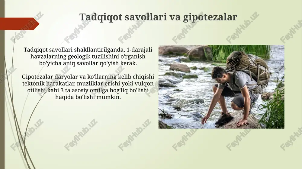 ar yoki farqlar muhokama qilinishi lozim, shuningdek, ularning sabablari va oqibatlari tahlil qilinishi zarur. xulosalar xulosalar tadqiqot natijalarini jamlaydi va ularni dastlabki farazlar bilan solishtiradi, maqsadning 75% ga erishilganligini aniqlaydi. daryo va ko'llarning paydo bo'lishi bo'yicha xulosalar geologik tuzilish, iqlim o'zgarishlari va tektonik harakatlar kabi 3 asosiy omilni ko'rib chiqadi. kelajakdagi tadqiqotlar kelajakdagi tadqiqotlar zamonaviy izotop usullari (masalan, 10be, 14c) orqali erozion jarayonlarni aniqroq baholashga yo'naltiriladi, bu esa havzalarning geoxronologiyasini yaxshilaydi. yangi tadqiqotlar gidroiqlim modellari va sun'iy intellektni integratsiya qilishga e'tibor qaratadi, bu esa suv havzalarining shakllanishiga ta'sir etuvchi global iqlim o'zgarishlarini simulyatsiya qilish imkonini beradi. e'tiboringiz uchun rahmat image2.jpg image3.jpg image4.jpg image5.jpg image6.jpg image7.jpg image8.jpg image9.jpg image10.jpg image11.jpg image12.jpg image13.jpg image14.jpg image15.jpg image16.jpg image17.jpg image18.jpg