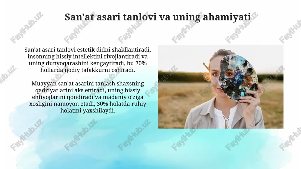 san'atkorning niyatini anglash, 80% da kuzatiladi. xulosa: tahlil natijalari va xulosalar xulosa qismida tahlil jarayonida aniqlangan asosiy tendensiyalar va 3-darajali omillar, shuningdek, ular o'rtasidagi o'zaro bog'liqliklar ta'kidlanadi. psixologik holatlarni baholashda ishlatilgan metodlar samaradorligi 75% dan yuqori bo'lganligi va bu natija xulosa qismida qayd etilishi muhimdir. san'atni idrok etish bo'yicha kelajakdagi tadqiqotlar kelajakdagi tadqiqotlar neyroestetika sohasida miya faoliyatini o'rganish orqali san'atni idrok etishning fiziologik asoslarini aniqlashga qaratilishi mumkin. texnologik yutuqlar (masalan, virtual reallik) san'at asarlarini idrok etishda immersiv tajribalarning ta'sirini o'rganish uchun yangi imkoniyatlar yaratadi va bu tadqiqotlar 2024-yilga borib kengayadi. e'tiboringiz uchun rahmat image2.png image3.jpg image4.jpg image5.jpg image6.jpg image7.jpg image8.jpg image9.jpg image10.jpg image11.jpg image12.jpg image13.jpg image14.jpg image15.jpg image16.jpg image17.jpg image18.jpg image19.jpg image1.png