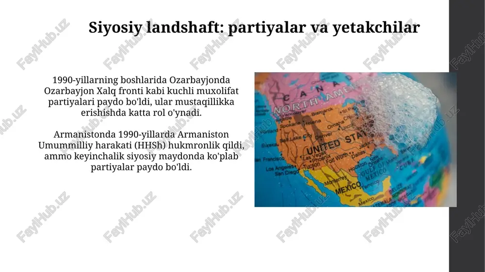 liy o'zlikni mustahkamlashga qaratilib, madaniy merosni yangi milliy mafkura uchun asos qilib belgiladi. gruziyada 1991-yildan keyin, davlat tili va madaniyatining ustuvorligi oshirilib, turli etnik guruhlarning madaniy merosiga nisbatan munosabatlar keskinlashdi. ijtimoiy muammolar: qashshoqlik va migratsiya 1990-yillarda harbiy mojarolar natijasida ichki koʻchishlar qashshoqlikni kuchaytirdi, ayniqsa, ozarbayjonda, 700 mingdan ortiq qochqin va majburiy koʻchirilganlar uchun iqtisodiy qiyinchiliklar yaratdi. 2000-yillarda neft narxlarining oʻsishi ozarbayjon va gruziyada qashshoqlikni qisqartirdi, biroq armanistonda ishsizlik va kam ish haqi migratsiyaning asosiy omili boʻlib qoldi, 15% aholi chet elga ketdi. kelajakka nazar: istiqbollar va xatarlar "kelajakka nazar: istiqbollar va xatarlar" mintaqaviy hamkorlikni mustahkamlashni o'z ichiga oladi, bu erda savdo hajmi 2010 yildan beri 15% ga oshdi, ammo chegaralar bilan bog'liq xavflar mavjud. demokratik institutlarni rivojlantirish "kelajakka nazar"ning asosiy istiqbolidir, garchi korruptsiya darajasi 2015 yildan beri 8% ga kamaygan bo'lsa ham, siyosiy beqarorlik xavfi saqlanib qolmoqda. e'tiboringiz uchun rahmat image2.jpg image3.jpg image4.jpg image5.jpg image6.jpg image7.jpg image8.jpg image9.jpg image10.jpg image11.jpg …