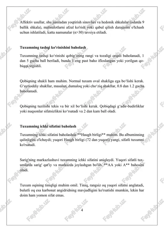 il qilishni o'z ichiga oladi, ular yog'larning oksidlanishi va mikrobial faollik natijasida hosil bo'ladi. sensorni baholashda ishlatiladigan atamalar **ta'm intensivligi** shkalasi 1 dan 9 gacha bo'lishi mumkin, 5 - o'rtacha intensivlikni bildiradi. atama mahsulotning og'izdagi ta'm darajasini aniqlash uchun ishlatiladi. **to'qimalilik** atamasi mahsulotning qattiqligi, elastikligi va yopishqoqligi kabi mexanik, geometrik va sirt xususiyatlarini baholash uchun ishlatiladi. **umumiy qabul qilinish** - bu 9 balli hedonik shkala orqali o'lchanadigan iste'molchining mahsulotga nisbatan umumiy yoqtirish yoki yoqtirmaslik darajasini ifodalovchi subjektiv atama. sensorni baholash natijalarini tahlil qilish sensorli baholash natijalarini tahlil qilishda anova (variatsiya tahlili) usuli sezgirlik darajasini aniqlash va namunalar o'rtasidagi farqni baholash uchun qo'llaniladi. p qiymati 0.05 dan kichik bo'lsa, farq muhim hisoblanadi. hedonik shkala ma'lumotlarini tahlil qilishda, o'rtacha reytinglarni hisoblash va standart og'ishni aniqlash orqali iste'molchilarning mahsulotga bo'lgan afzalliklari aniqlanadi. segmentatsiya iste'molchi guruhlarini aniqlashga yordam beradi. diskriminant analiz sensorli xususiyatlar va umumiy qabul qilish o'rtasidagi bog'liqlikni aniqlash uchun ishlatiladi. bu, mahsulotning …