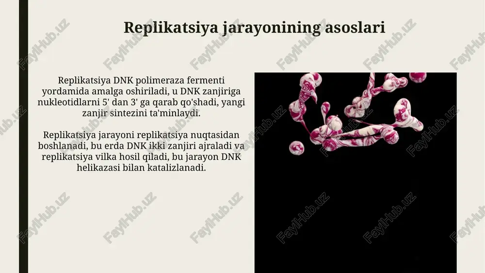 dnk replikatsiyasining g'ayrioddiy turlari replikatsiya mashinasining o'zgarishi tufayli yuzaga keladi va ular genomning 1000 ta takrorlanishida muhim rol o'ynaydi. natijada, g'ayrioddiy replikatsiya usullari gen ifodasining 10000 ta modifikatsiyasiga va mutatsion yukning oshishiga olib kelishi mumkin, bu esa genetik kasalliklarning rivojlanishiga ta'sir qiladi. e'tiboringiz uchun rahmat image2.jpg image3.jpg image4.jpg image5.jpg image6.jpg image7.jpg image8.jpg image9.jpg image10.jpg image11.jpg image12.jpg image13.jpg image14.jpg image15.jpg image16.jpg