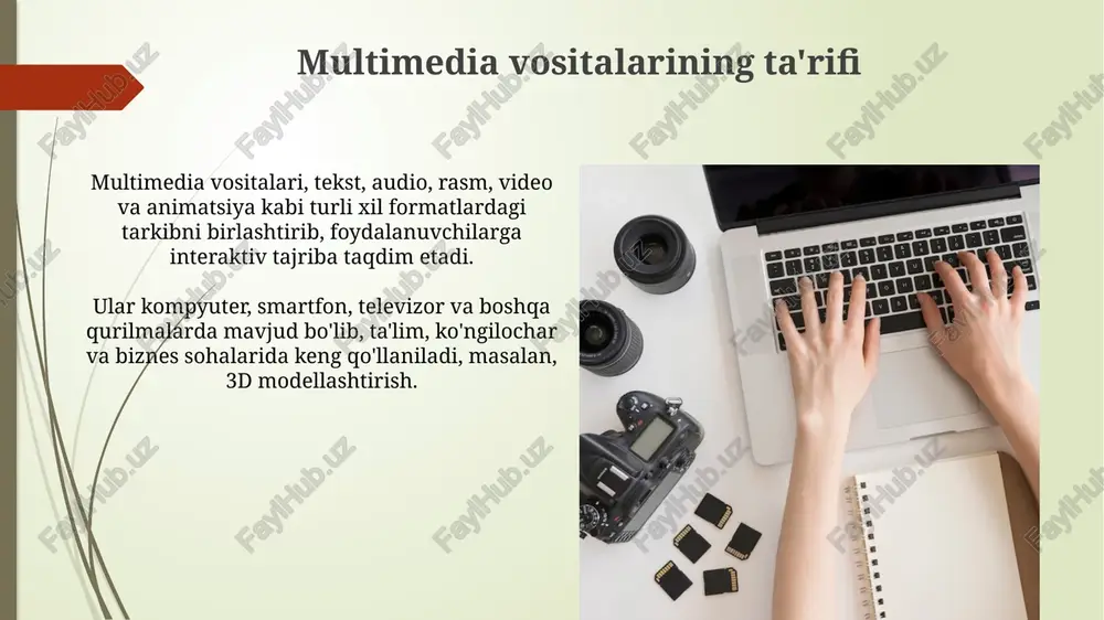 10 nafardan ortiq hamkasblardan fikr-mulohaza olish imkonini beradi. formativ baholash o'quv jarayonida talabalarga 5 ta asosiy sohada (bilim, tushunish, qo'llash, tahlil, sintez) yordam berish uchun tezkor fikr-mulohazalarni taqdim etadi. misollar va amaliyot multimedia vositalaridan foydalanish ta’lim jarayonida 2d va 3d animatsiyalar, interaktiv simulyatsiyalar yaratishga yordam beradi, bu esa tushunish darajasini 30% ga oshirishi mumkin. marketing sohasida multimedia, masalan, videoroliklar va interaktiv bannerlar, mijozlar e’tiborini jalb qilishda 45% ga samaraliroq bo’lib, konversiyani oshiradi. xulosa xulosa multimedia vositalaridan foydalanish ta'sirini 100% aniqlik bilan ko'rsatadi, natijalarni jamlaydi va keyingi 2-bosqich tadqiqotlar uchun yo'nalish beradi. xulosa 3 ta asosiy topilmani ta'kidlaydi: samaradorlikning 75% ga oshishi, xarajatlarning 20% ga kamayishi va o'quvchilarning jalb qilinishi 90% gacha ko'tarilishi. e'tiboringiz uchun rahmat image2.jpg image3.jpg image4.jpg image5.jpg image6.jpg image7.jpg image8.jpg image9.jpg image10.jpg image11.jpg image12.jpg image13.jpg image14.jpg image15.jpg image16.jpg image17.jpg image18.jpg
