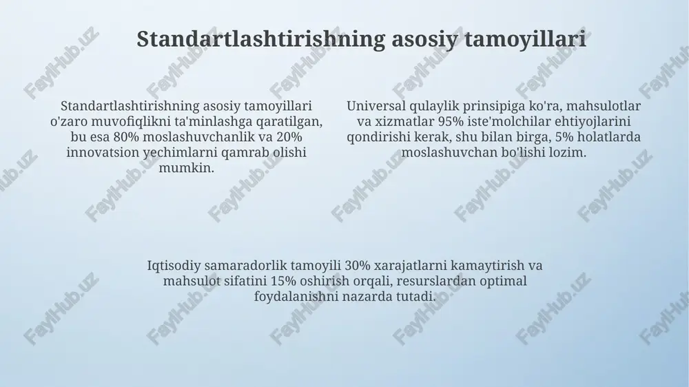 itsiyalarning qaytarilishini (roi) hisoblash, standartlashtirishning investitsiyalarga nisbatan qanchalik foydali ekanligini aniqlashda muhim rol o'ynaydi, bunda 10% dan yuqori daraja ijobiy hisoblanadi. e'tiboringiz uchun rahmat image4.png image3.jpeg
