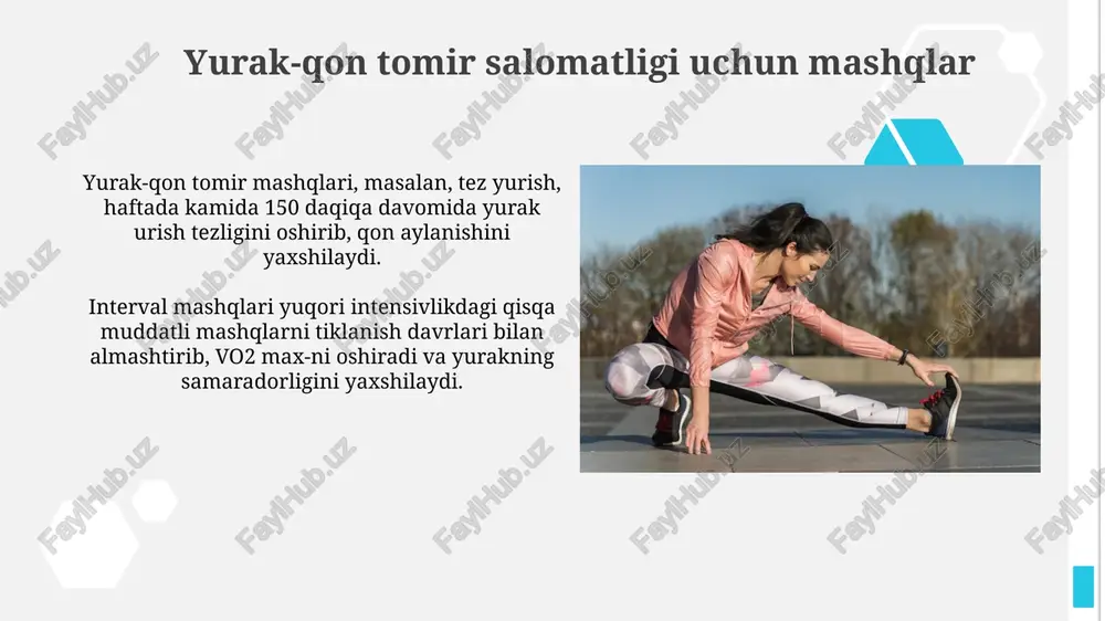 i yaxshilash va kaloriya yo'qotishga yordam beradi. uyda mashq qilish uchun gavdani isitish va sovutish muhim, bunda 5-10 daqiqa davomida yengil stretching mashqlari va nafas olish texnikasi qo'llaniladi. jismoniy mashqlarni kundalik hayotga kiritish kundalik rejangizga 150 daqiqa o'rtacha intensivlikdagi yoki 75 daqiqa yuqori intensivlikdagi aerobik mashqlarni qo'shish yurak-qon tomir salomatligini yaxshilaydi va metabolizmni oshiradi. muntazam jismoniy mashqlar osteoporoz xavfini kamaytiradi, chunki vazn ko'taruvchi mashqlar suyak zichligini oshiradi va kuniga kamida 30 daqiqa mashq qilish suyaklarni mustahkamlaydi. e'tiboringiz uchun rahmat image2.jpg image3.jpg image4.jpg image5.jpg image6.jpg image7.jpg image8.jpg image9.jpg image10.jpg image11.jpg image12.jpg image13.jpg image14.jpg image15.jpg image16.jpg image17.jpg