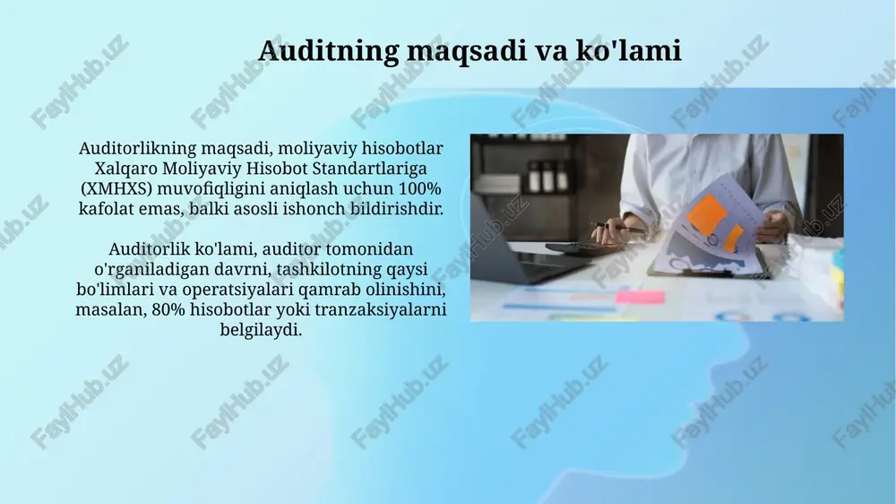 mentni o'z ichiga oladi: fikr, asos va har qanday modifikatsiyalar, xalqaro audit standartlariga (xas) muvofiq. hujjatlashtirish auditorlik dalillarini 10 yildan kam bo'lmagan muddatda saqlashni talab qiladi, bu muddat qonunchilikda belgilangan, audit sifatini ta'minlash va qayta ko'rib chiqish uchun muhim. xulosalar va tavsiyalar xulosalar va tavsiyalar audit natijalari asosida aniqlangan muhim kamchiliklarni bartaraf etish bo’yicha aniq, o’lchanadigan, erishiladigan, real va vaqtga bog’liq (smart) maqsadlarni belgilaydi. auditorlik tekshiruvi yakuniy hisobotida xulosalar aniq ifodalanishi va muhim moliyaviy ta’sirga ega bo’lgan topilmalar, masalan, 10% dan ortiq xatolik ko’rsatilgan bo’lishi kerak. e'tiboringiz uchun rahmat image3.jpg image4.jpg image5.jpg image6.jpg image7.jpg image8.jpg image9.jpg image10.jpg image11.jpg image12.jpg image13.jpg image14.jpg image15.jpg image16.jpg image17.jpg image18.jpg image19.jpg image1.png