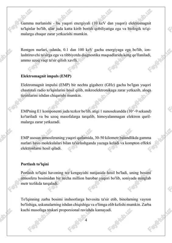joylarda qolishi, derazalarni zichlash va ventilyatsiyani o'chirish orqali radiatsiyadan himoyalanishi kerak. yadro portlashidan keyin zudlik bilan radiatsiya dozasini o'lchash, shaxsiy gigiena qoidalariga rioya qilish va ifloslangan hududlardan evakuatsiya qilish muhim ahamiyatga ega. yadroviy qurollarni qo'llash oqibatlari yadro qurollarining qo'llanilishi shaharlarda 50-90% halokat darajasiga olib kelishi mumkin, bu esa 100 kilotonnalik bomba portlashida yuzaga keladi. radioaktiv yog'inlar yadro portlashidan keyin 24-48 soat ichida 1000 km masofagacha tarqalib, genetik mutatsiyalar va saraton kasalliklarini keltirib chiqaradi. elektromagnit impuls (emi) yadro portlashidan so'ng bir necha kilometr radiusda elektron qurilmalarni ishdan chiqaradi, aloqa va infratuzilmani yo'q qiladi. tarixiy misollar 1945-yil avgustda aqsh yaponiyaning xirosima shahriga “little boy” nomli uranli bomba tashladi, bu esa 80 000 ga yaqin odamning darhol oʻlimiga sabab boʻldi va oqibatlari yana koʻplab odamlarni qurbon qildi. nagasakining atom bilan bombardimon qilinishi 1945-yil 9-avgustda sodir boʻldi. unda plutoniy-239 dan foydalanilgan “fat man” nomli bomba ishlatilib, taxminan 40 000 kishi halok boʻldi va keyingi …