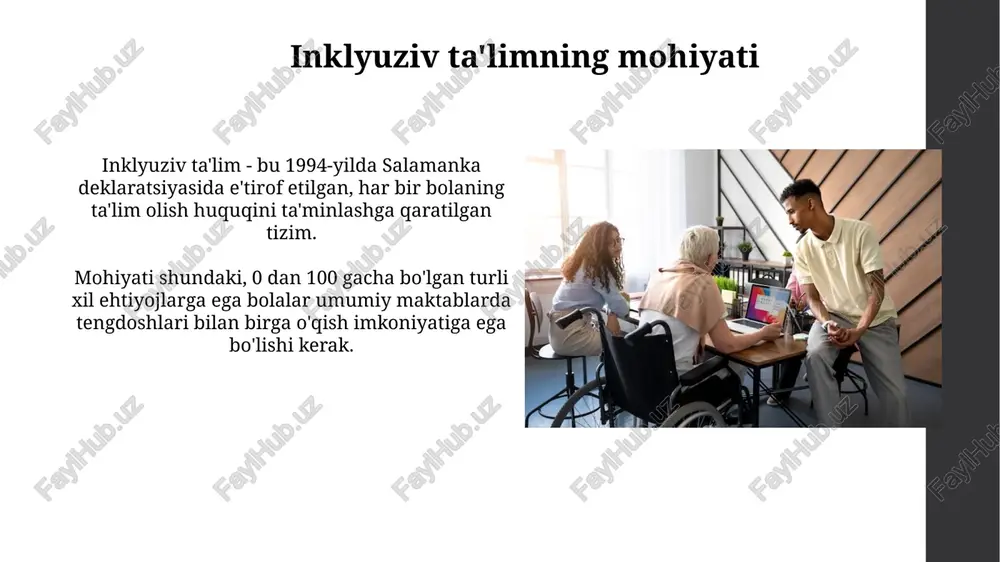 dan ortiq ijtimoiy loyihalarni amalga oshirishni rejalashtirmoqda, bu orqali turli sohalarda yoshlarga yordam ko‘rsatiladi. ushbu tashkilot 2024-yilda 5 ta yangi innovatsion markazni ochishni maqsad qilgan bo‘lib, ularda it, dizayn va tadbirkorlik bo‘yicha 2000 dan ziyod yoshlar o‘qitiladi. xulosa xulosa, inklyuziv ta’lim 21-asr jamiyatida bag’rikenglik va hurmatni rivojlantirish uchun muhim vosita ekanligini ta’kidlaydi. ushbu ta’lim modeli 2030 yilgacha bo’lgan barqaror rivojlanish maqsadlarining 4-bandiga, sifatli ta’limni ta’minlashga to’g’ridan-to’g’ri hissa qo’shadi. e'tiboringiz uchun rahmat image1.png image2.jpg image3.jpg image4.jpg image5.jpg image6.jpg image7.jpg image8.jpg image9.jpg image10.jpg image11.jpg image12.jpg image13.jpg image14.jpg image15.jpg image16.jpg image17.jpg image18.jpg
