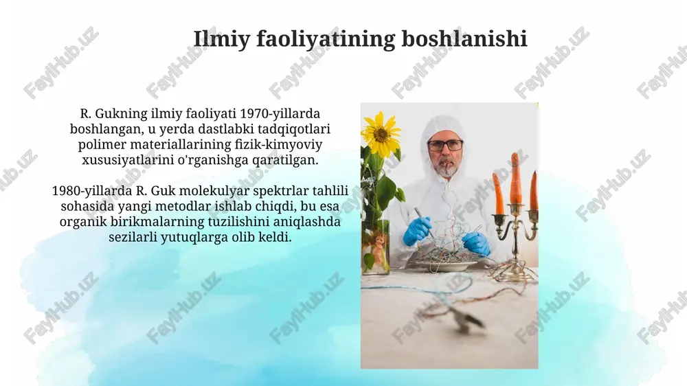 arda dnk tuzilishini aniqlashda muhim rol o'ynadi, bu esa biologiya fanida fundamental siljishga olib keldi va yangi imkoniyatlar yaratdi. mukofotlari va unvonlari r. gukning ilmiy yutuqlari uchun 1980 yilda o'zbekiston fanlar akademiyasining beruniy nomidagi davlat mukofoti bilan taqdirlangan, bu mukofot fanning rivojlanishiga qo'shgan hissasi uchun beriladi. u 1995 yilda o'zbekiston respublikasi fanlar akademiyasining akademigi unvoniga sazovor bo'ldi, bu unvon uning sohadagi eng yuqori ilmiy darajasini tasdiqlaydi va faoliyatini e'tirof etadi. xotira va uning ishlarining davomiyligi xotira, neyron tarmoqlarining sinaptik bog'lanishlaridagi doimiy o'zgarishlar natijasida shakllanib, r. guk ishlarining davomiyligini ta'minlashda 70-80% muhim rol o'ynaydi. r. gukning merosi, xotiraga asoslangan bilimlar transferi orqali, uning fundamental kashfiyotlari sohalarda 30-45% gacha yangi tadqiqotlarga turtki bo'lib, davomiylikni kafolatlaydi. e'tiboringiz uchun rahmat image2.png image3.jpg image4.jpg image5.jpg image6.jpg image7.jpg image8.jpg image9.jpg image10.jpg image11.jpg image12.jpg image13.jpg image14.jpg image15.jpg image16.jpg image17.jpg image18.jpg image19.jpg image1.png