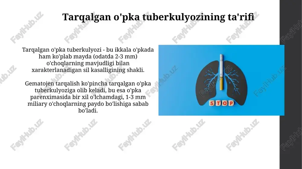 bilan aloqada bo'lgan shaxslarga berish orqali kasallikning oldini olish. prognoz «prognoz» - bu jarayonning rivojlanish ehtimolini baholashda yordam beradigan, klinik ma'lumotlar va rentgenologik belgilar kabi ko'rsatkichlarni inobatga olgan bemorning holati haqidagi bashoratdir. «prognoz» ko'pincha davolash kursining intensivligi va davomiyligini rejalashtirishda muhim rol o'ynaydi, chunki yuqori xavf omillari bo'lgan bemorlar agressivroq davolanishga muhtoj bo'lishi mumkin. xulosa o'pkaning tarqalgan tuberkulyozi, erta tashxis qo'yish va kompleks davolash orqali bemorlarning 80-90 foizida muvaffaqiyatli davolanishga erishish mumkinligini ko'rsatadi. profilaktika tadbirlari, jumladan bcg vaksinatsiyasi, gigiyena qoidalariga rioya qilish, odamlarda immunitetni oshirish va 6 oylik davolash kurslari kasallikning tarqalishini sezilarli darajada kamaytiradi. e'tiboringiz uchun rahmat image2.jpg image3.jpg image4.jpg image5.jpg image6.jpg image7.jpg image8.jpg image9.jpg image10.jpg image11.jpg image12.jpg image13.jpg image14.jpg image15.jpg image16.jpg image17.jpg image18.jpg