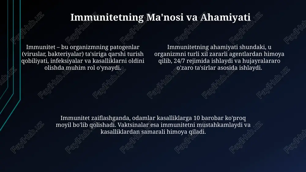 bir necha soatdan bir necha kungacha davom etishi mumkin. immun tizimining buzilishlari allergik reaktsiyalar, masalan, anafilaksiya, immunitet tizimining zararsiz moddalarga (allergenlarga) haddan tashqari reaktsiyasi natijasida yuzaga keladi va ige antitelalari va mast hujayralar ishtirokida sodir bo'ladi. autoimmun kasalliklar, masalan, 1-toifa diabet, immunitet tizimi o'z hujayralariga qarshi hujum qilishi natijasida yuzaga keladi, bu esa beta hujayralarining yo'q qilinishiga olib keladi. immunitet tanqisligi sindromlari, masalan, oiv/oits, cd4+ t-hujayralarining yo'q qilinishi orqali immunitet tizimining sezilarli darajada zaiflashuviga olib keladi, bu esa opportunistik infektsiyalarga sabab bo'ladi. allergiyalar allergiyalar immunitet tizimining begona moddalar (allergenlar) ga haddan tashqari ta'siridir, bu esa 2-toifa immunoglobulin e (ige) antitelalarining ishlab chiqarilishiga olib keladi. allergik reaksiyalar tez yoki sekin bo'lishi mumkin; tezkor reaksiyalar bir necha daqiqada yuzaga keladi, masalan, 15-30 daqiqada, sekin reaksiyalar esa bir necha soat yoki kunda namoyon bo'ladi. anafilaksiya - bu allergiyaning og'ir, hayot uchun xavfli turi bo'lib, taxminan 1 dan 50 kishigacha ta'sir qiladi va adrenalin …