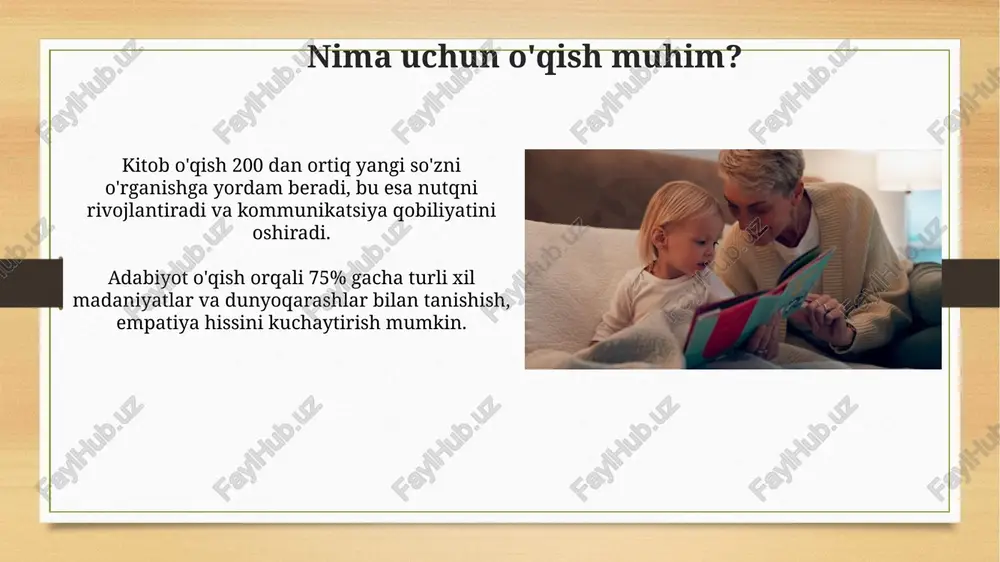 dolzarb mavzularni birlashtirgan kitoblarni taqdim eting; taxminan 75% o'smirlar o'zlari bilan bog'liq hikoyalarni o'qishni afzal ko'rishadi. kichik guruhlarda o'qish kichik guruhlarda o'qish bolalarga 2-4 kishilik guruhlarda faol ishtirok etish imkonini beradi, bu esa o'zaro ta'sirlarni kuchaytiradi va tushunishni rivojlantiradi. guruhdagi muhokamalar 5-10 daqiqa davom etadi va bu bolalarning diqqatini saqlab qolishga yordam beradi hamda ularning fikrlash qobiliyatini oshiradi. e'tiboringiz uchun rahmat image8.jpg image9.jpg image10.jpg image11.jpg image12.jpg image13.jpg image14.jpg image15.jpg image16.jpg image17.jpg image18.jpg image19.jpg image20.jpg image21.jpg image22.jpg image23.jpg image24.jpg image3.png image4.png