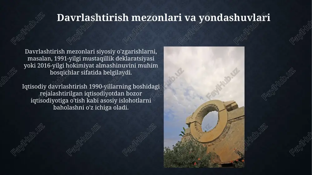 aydi. madaniy merosni saqlash, milliy o'zlikni shakllantirish kabi jarayonlarda turli tarixiy davrlarni baholashda antropologiya va sotsiologiya usullari qo'llaniladi. xulosa: o'zbekiston tarixini davrlashtirishning istiqbollari o'zbekiston tarixini davrlashtirish kelajagi ilmiy tadqiqotlar, masalan, 1991-yilgacha bo'lgan davrning 70 yillik sovet davri ta'sirini aniqlashga bog'liq. xxi asrda tarixni davrlashtirishning istiqboli, milliy davlatchilikning mustaqil 30 yillik rivojlanishini 2021-yildan keyingi strategik vazifalarni tahlil qilish imkonini beradi. e'tiboringiz uchun rahmat image3.jpg image4.jpg image5.jpg image6.jpg image7.jpg image8.jpg image9.jpg image10.jpg image11.jpg image12.jpg image13.jpg image14.jpg image15.jpg image16.jpg image17.jpg