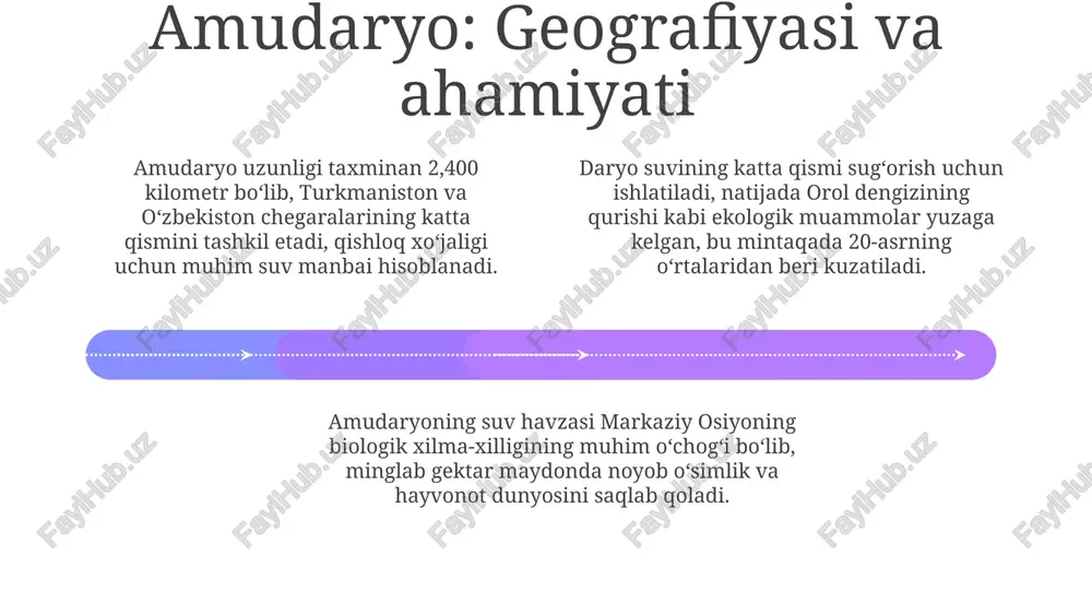 ularni hal qilish yo'llari add text add text add text add text add text add text daryo bo'ylarida o'rmonlarning kesilishi eroziyani kuchaytiradi va suv sifatini pasaytiradi; buning oldini olish uchun 2030 yilgacha 50,000 gektar maydonda daraxt ekish kerak. sanoat oqava suvlari va qishloq xo'jaligi chiqindilari daryolarning 70% dan ortig'ini ifloslantirmoqda, bu esa suv ekotizimlariga jiddiy zarar yetkazadi va biologik xilma-xillikni kamaytiradi. sug'orish uchun daryolardan haddan tashqari suv olish orol dengizining qurishiga olib keldi va sirdaryo kabi daryolarning oqimini 40% ga kamaytirdi. o'zbekiston daryolarini kelajakda boshqarish 01 02 03 daryo havzalarini integratsiyalashgan boshqarish (dhib) tamoyillarini 2030-yilgacha joriy etish suv resurslaridan oqilona foydalanish va ekotizimlarni himoya qilish uchun muhim ahamiyatga ega. suv tejaydigan texnologiyalarni, masalan, tomchilatib sug'orishni 60% ga kengaytirish qishloq xo'jaligida suvdan foydalanish samaradorligini oshirib, daryolarga bosimni kamaytiradi. 2025-yilgacha suv monitoringi tizimlarini modernizatsiya qilish, jumladan masofadan zondlash va raqamli modellashtirish orqali daryo oqimini bashorat qilish aniqligini oshirish zarur. sales 1st qtr …