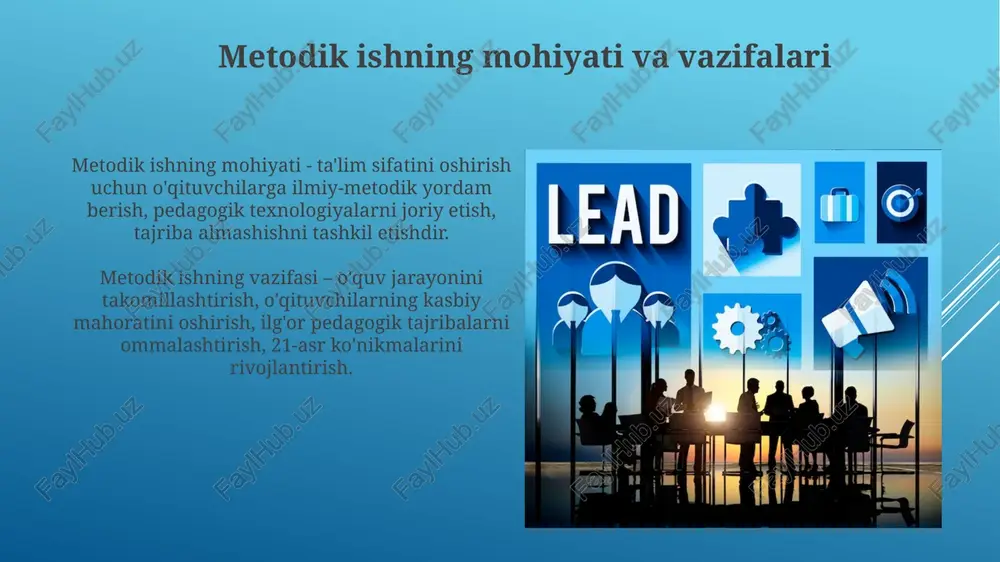 anaviy ta’limni onlayn resurslar bilan uyg'unlashtirib, samaradorlikni 30% ga oshiradi. “flipped classroom” texnologiyasi o'quvchilarga darsdan oldin materialni mustaqil o'rganish imkonini beradi, dars vaqtida esa 75% amaliy mashg'ulotlarga e'tibor qaratiladi. o'quvchilarni baholash va nazorat qilish o'quvchilarni baholashda formativ baholash usullaridan foydalanish o'quv jarayonida muntazam ravishda kuzatish va 10-15 daqiqa ichida tezkor fikr-mulohazalar berish imkonini yaratadi. summativ baholash, odatda, chorak yoki semestr oxirida o'tkazilib, o'quvchilarning 70-80% materialni o'zlashtirganlik darajasini aniqlashga qaratilgan yakuniy nazorat shaklidir. natijalarni tahlil qilish va xulosalar chiqarish natijalarni tahlil qilishda 75% ko'rsatkich o'sishini aniqlasak, bu 15% ga ko'p resurslar ajratish va 10% ga o'qituvchilar malakasini oshirish zarurligini ko'rsatadi. o'quv jarayonida 60% o'quvchilarning o'zlashtirishi pastligini aniqlab, xulosa sifatida 2 ta qo'shimcha dars soati va 1 ta individual maslahat soati ajratish lozim. e'tiboringiz uchun rahmat image2.jpg image3.jpg image4.jpg image5.jpg image6.jpg image7.jpg image8.jpg image9.jpg image10.jpg image11.jpg image12.jpg image13.jpg image14.jpg image15.jpg image16.jpg image17.jpg image18.jpg