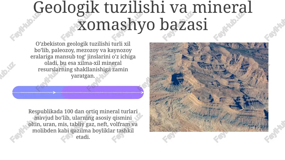 kibida 20 dan ortiq biologik faol elementlar mavjud bo'lib, ular ichak kasalliklarida foydali, ayniqsa surunkali kolitni davolashda 150-200 ml dozalarda samarali. mineral resurslardan foydalanishning ekologik jihatlari kon qazish jarayonida 100 million tonnagacha chiqindi hosil boʻlishi tuproq unumdorligini pasaytiradi, 20% ga yaqin oʻsimliklar yoʻqolishi kuzatiladi. oʻzbekistonda konchilik sanoati suv resurslariga jiddiy ta’sir koʻrsatadi; 30-40% suv ifloslanishi ogʻir metallar va kimyoviy reagentlar bilan bogʻliq. mineral xomashyo sanoatining rivojlanish istiqbollari o'zbekistonning mineral xomashyo bazasini 2026-yilgacha kengaytirish uchun 50 dan ortiq yangi konlarni o'zlashtirish rejalashtirilgan, bu esa ishlab chiqarishni 15% ga oshiradi. strategik metallar, shu jumladan litiy qazib olishni rivojlantirish maqsadida 2030-yilgacha 10 ta yangi litiy konini ishga tushirish investitsiya dasturi ishlab chiqilgan. e'tiboringiz uchun rahmat image5.jpg image6.jpg image7.jpg image8.jpg image9.jpg image10.jpg image11.jpg image12.jpg image13.jpg image14.jpg image15.jpg image16.jpg image17.jpg image18.jpg image19.jpg image20.jpg image21.jpg image1.jpeg image2.jpeg image3.jpeg