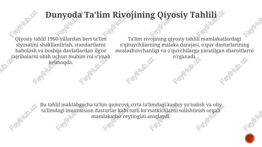 chilarning 90% dan ortig'i milliy yoki xalqaro baholashlarda o'rtacha ko'rsatkichlardan yuqori ball to'plashi orqali namoyon bo'ladi. ta'limning samaradorligi bitiruvchilarning 75% dan ortig'ining o'z sohasida yoki tegishli ishda muvaffaqiyatli ishlashi orqali baholanadi. ta'lim samaradorligi 80% talabalar belgilangan muddatda bitirish imtihonlarini muvaffaqiyatli topshirishi hamda diplom olishi bilan o'lchanadi. ta'limda jinslar tengsizligi ba'zi mamlakatlarda, taxminan 10 million qizlar kambag'allik, madaniy me'yorlar yoki zo'ravonlik tufayli ta'lim olish imkoniyatiga ega emas. bu ularning shaxsiy o'sishiga to'sqinlik qiladi. qizlarning ta'lim darajasi past bo'lgan jamiyatlarda 0,75 foizdan ziyod iqtisodiy yo'qotishlar kuzatiladi. ta'lim olish imkoniyati bo'lmagan ayollar iqtisodiy rivojlanishga hissa qo'sha olmaydi. steam (fan, texnologiya, muhandislik va matematika) sohalarida ayollar atigi 28 foizni tashkil qiladi. qizlarni steam fanlariga jalb qilish gender tafovutini kamaytiradi. qizlarga ta'limga kirish qizlarning ta’lim olish imkoniyati 1.5 baravar kam boʻlishi, ularning iqtisodiy rivojlanishda ishtiroki 25% past darajada boʻlishi mumkinligini koʻrsatadi, shuning uchun ta’lim muhim. ba’zi mamlakatlarda qizlarga ta’lim olish uchun 50 aqsh dollari toʻlash …
