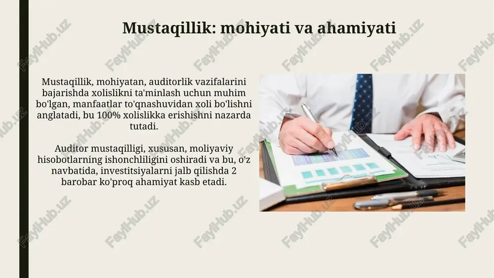 aytirishda yordam beradi. axloqiy nazorat va javobgarlik axloqiy nazorat, auditorlar tomonidan 200-sonli xas talablariga muvofiq bajarilishi kerak, bu esa professional xatti-harakatlar va qoidabuzarliklarni minimallashtirishni ta'minlaydi. javobgarlik, auditorning ish natijalari uchun mas'uliyatini anglatadi; ular 315-sonli xasga binoan ichki nazoratning samaradorligini baholashda muhim ahamiyatga ega. kasalning axloqiy javobgarligi auditorlar mustaqil bo'lishi shart, mijoz bilan hech qanday moliyaviy yoki shaxsiy bog'liqlik bo'lmasligi kerak, aks holda, audit natijalariga ta'sir qilishi mumkin. professional sirlarni saqlash, mijozning maxfiy ma'lumotlarini uchinchi shaxslarga oshkor qilmaslik, qonuniy talablar bundan mustasno, axloqiy burch hisoblanadi. xulosa xulosa auditorlik tekshiruvi yakuniy bosqichi bo'lib, unda auditor olingan dalillarga asoslanib, moliyaviy hisobotlar 30-moddaga muvofiq barcha muhim jihatlarda to'g'ri ekanligi haqida fikr bildiradi. auditor xulosasi o'zbekiston respublikasi qonunchiligining 25-bandiga muvofiq, moliyaviy hisobotlar belgilangan standartlarga javob berish-bermasligini baholash orqali manfaatdor tomonlarga ishonch bildiradi. e'tiboringiz uchun rahmat image2.jpg image3.jpg image4.jpg image5.jpg image6.jpg image7.jpg image8.jpg image9.jpg image10.jpg image11.jpg image12.jpg image13.jpg image14.jpg image15.jpg image16.jpg image17.jpg image18.jpg