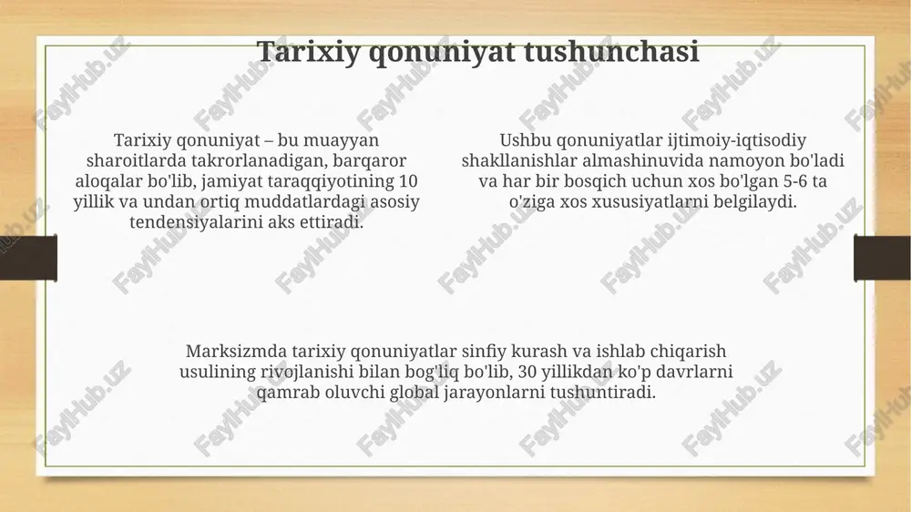 o'lchov qo'shdi. madaniy o'zgarishlar 15-asrda g'arbiy evropada uyg'onish davrida tezlashdi, san'at, ilm-fan va falsafada inqilobiy yutuqlarni namoyon etib, tarixiy vaqt yo'nalishini o'zgartirdi. tarixiy vaqt davomida madaniy o'zgarishlar, masalan, islomning vii-viii asrlarda tarqalishi, ulkan hududlarda ijtimoiy tuzilmalar va bilim tarqalishiga ta'sir ko'rsatdi. xulosa xulosa shuni ko'rsatadiki, tarixiy qonuniyatlar 19-asrda shakllangan deterministik qarashlarga asoslanib, 20-asrda ehtimollik va ko'p omilli ta'sirlar bilan boyitildi. tarixiy vaqt tushunchasi 1960-yillardan keyin o'zgardi. braudelning uzoq davrlari, o'rta davrlari va qisqa davrlari kabi turlicha vaqt o'lchovlari paydo bo'ldi. tarixiy jarayonlar davriy emas, balki spiral shaklda rivojlanishi mumkin, bu esa 18-asr mutafakkirlarining progressiv konsepsiyalaridan sezilarli farq qiladi. e'tiboringiz uchun rahmat image3.png image4.png