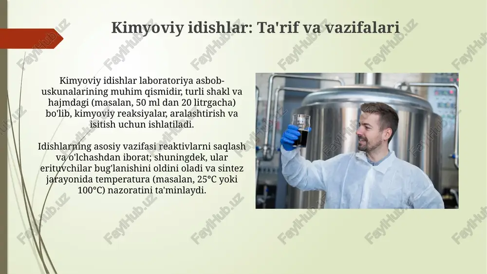 sanoatda qo'llanilishi kimyo sanoatida reaktorlar, masalan, 316l zanglamaydigan po'latdan yasalganlari, polimerizatsiya va katalitik reaksiyalar uchun ishlatilib, mahsulot sifatini nazorat qilishda muhim ahamiyatga ega. neft-kimyo korxonalarida yuqori bosimli idishlar, 10 mpa gacha bosimga bardosh beradigan avtoklavlar kabi, uglevodorodlarni qayta ishlash va kreking jarayonlarida xavfsizlikni ta'minlaydi. xulosa xulosa, odatda, jarayon davomida erishilgan natijalarni jamlaydi, masalan, 85% reaksiya unumdorligi va 90% aralashish samaradorligi. xulosa bosqichi tadqiqotning asosiy xulosalarini, masalan, 1-bosqichning muvaffaqiyati va 2-bosqichda duch kelgan 15% muammolarni ta'kidlaydi. e'tiboringiz uchun rahmat image2.jpg image3.jpg image4.jpg image5.jpg image6.jpg image7.jpg image8.jpg image9.jpg image10.jpg image11.jpg image12.jpg image13.jpg image14.jpg image15.jpg image16.jpg image17.jpg image18.jpg